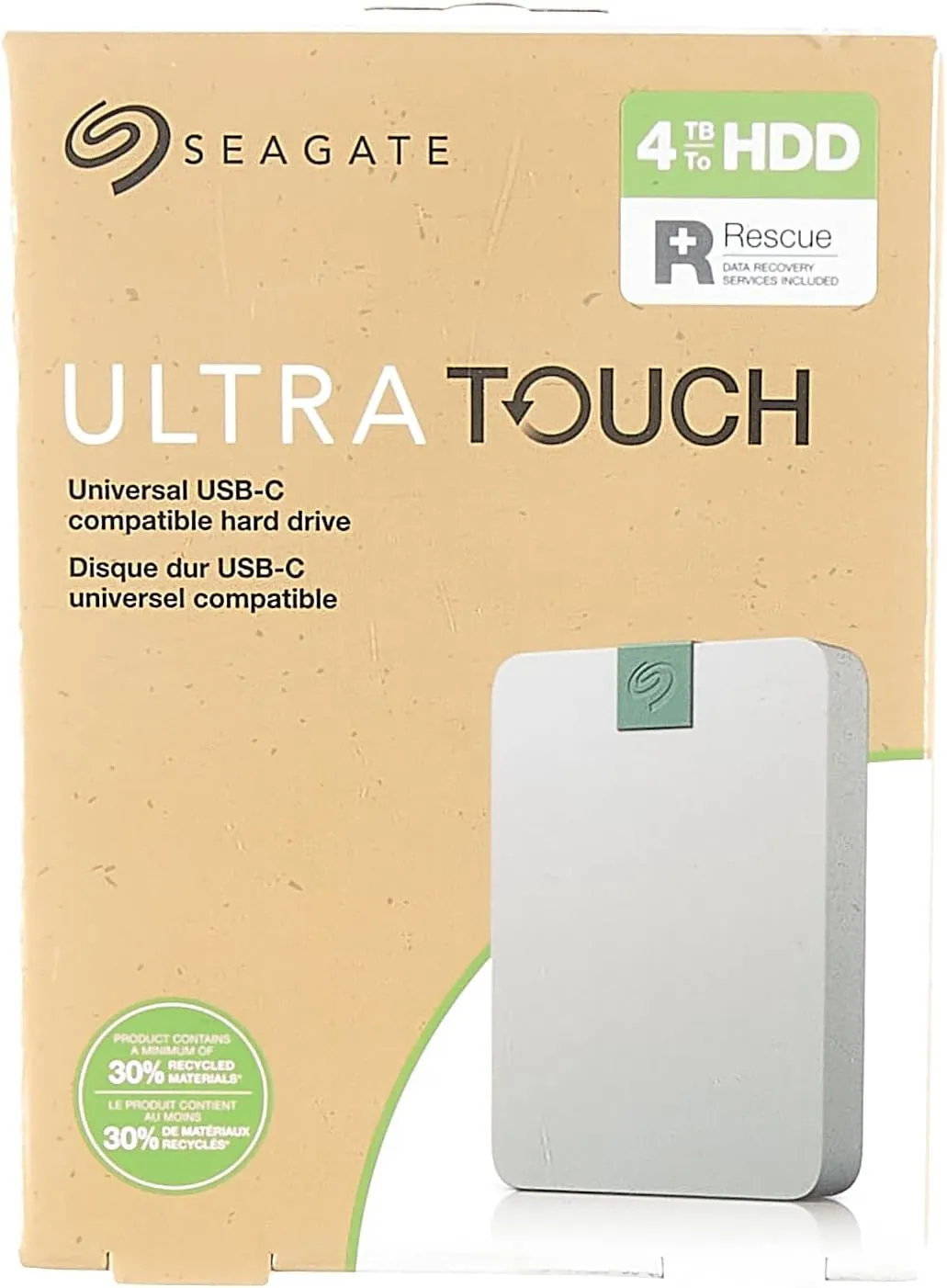Seagate Ultra Touch HDD, 4TB, Externe harde schijf, Mac & Chromebook, gerecycled materiaal, USB-C-compatibiliteit met pc, Dropbox en Mylio inbegrepen, Cloud White, Data Rescue Service (STMA4000400)