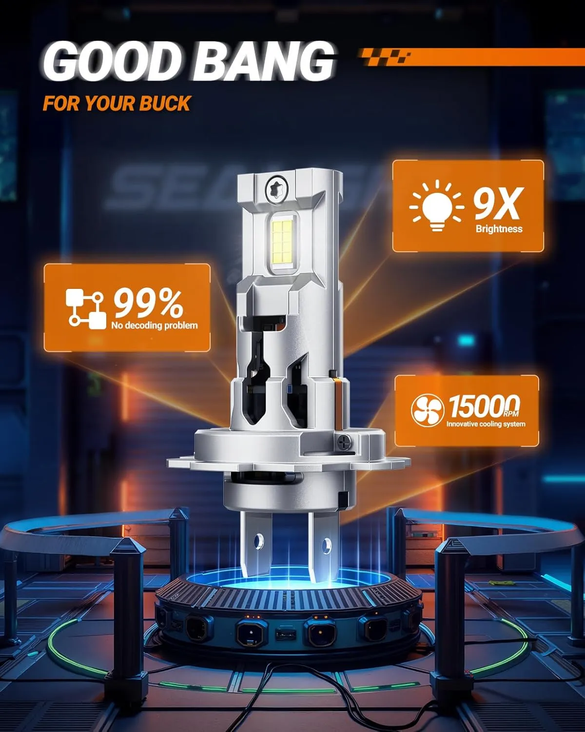 SEALIGHT H7 Bulbs Bright Lamps 36000LM High Power with Cooling Fan,Diamond White Super Bright, H7 Fog Bulbs Canbus Ready 3Mins Installation 10 Year Lifespan, Pack of
