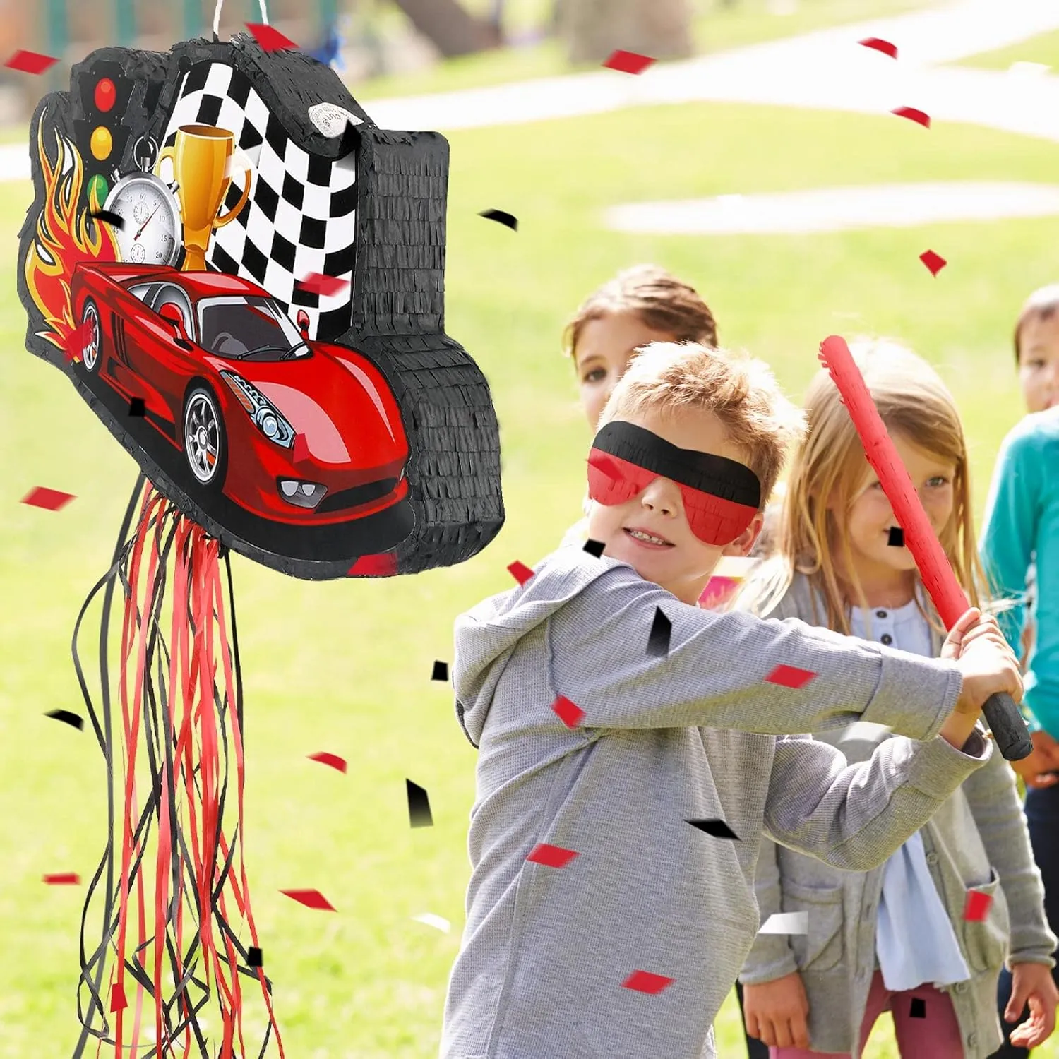 Seematn Race Car Piñata Bundle with a Blindfold, Bat and Confetti Birthday Party Supplies Small Racing Piñata for Kids Boy Construction Party Favors Decor
