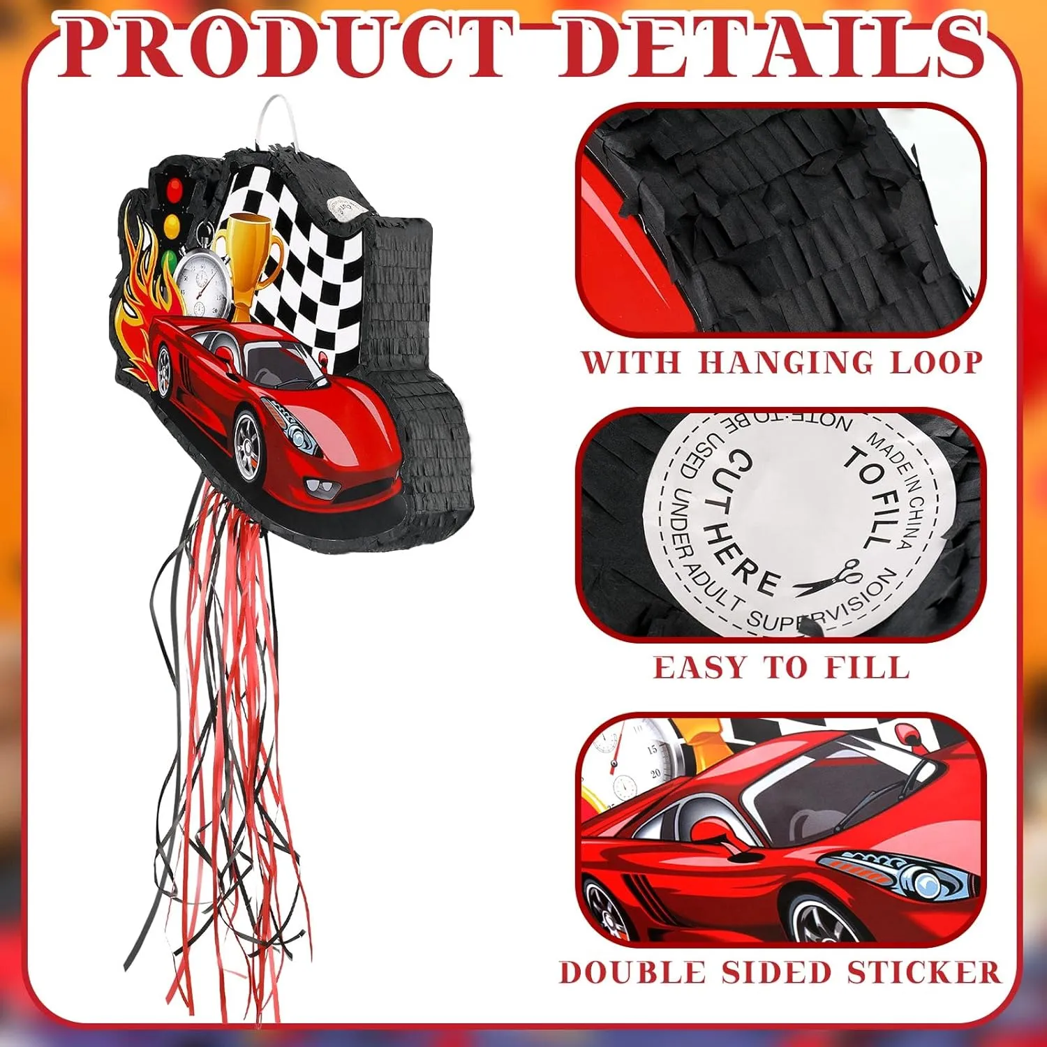 Seematn Race Car Piñata Bundle with a Blindfold, Bat and Confetti Birthday Party Supplies Small Racing Piñata for Kids Boy Construction Party Favors Decor