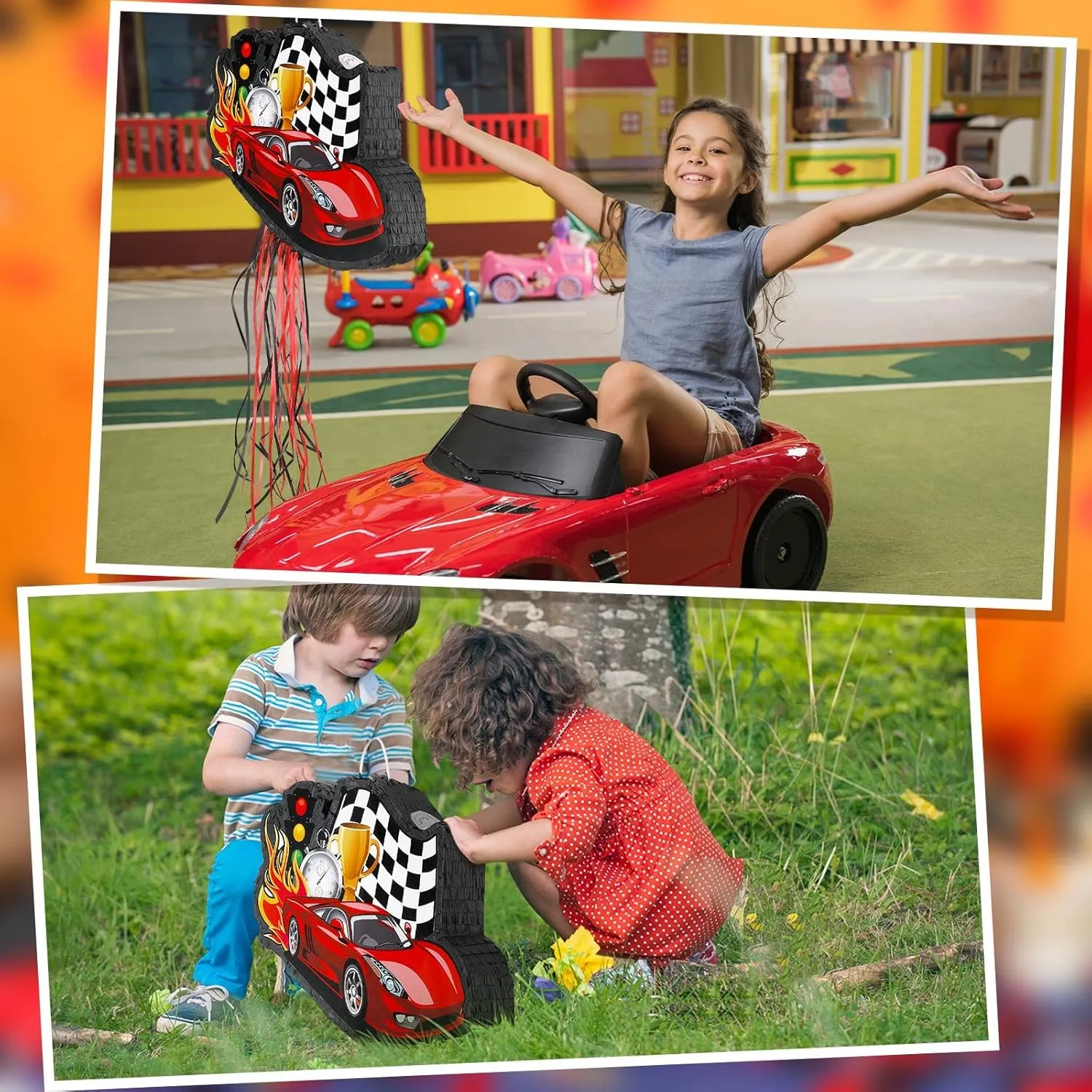 Seematn Race Car Piñata Bundle with a Blindfold, Bat and Confetti Birthday Party Supplies Small Racing Piñata for Kids Boy Construction Party Favors Decor