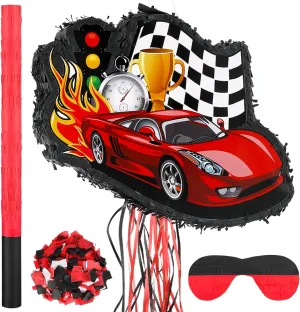Seematn Race Car Piñata Bundle with a Blindfold, Bat and Confetti Birthday Party Supplies Small Racing Piñata for Kids Boy Construction Party Favors Decor