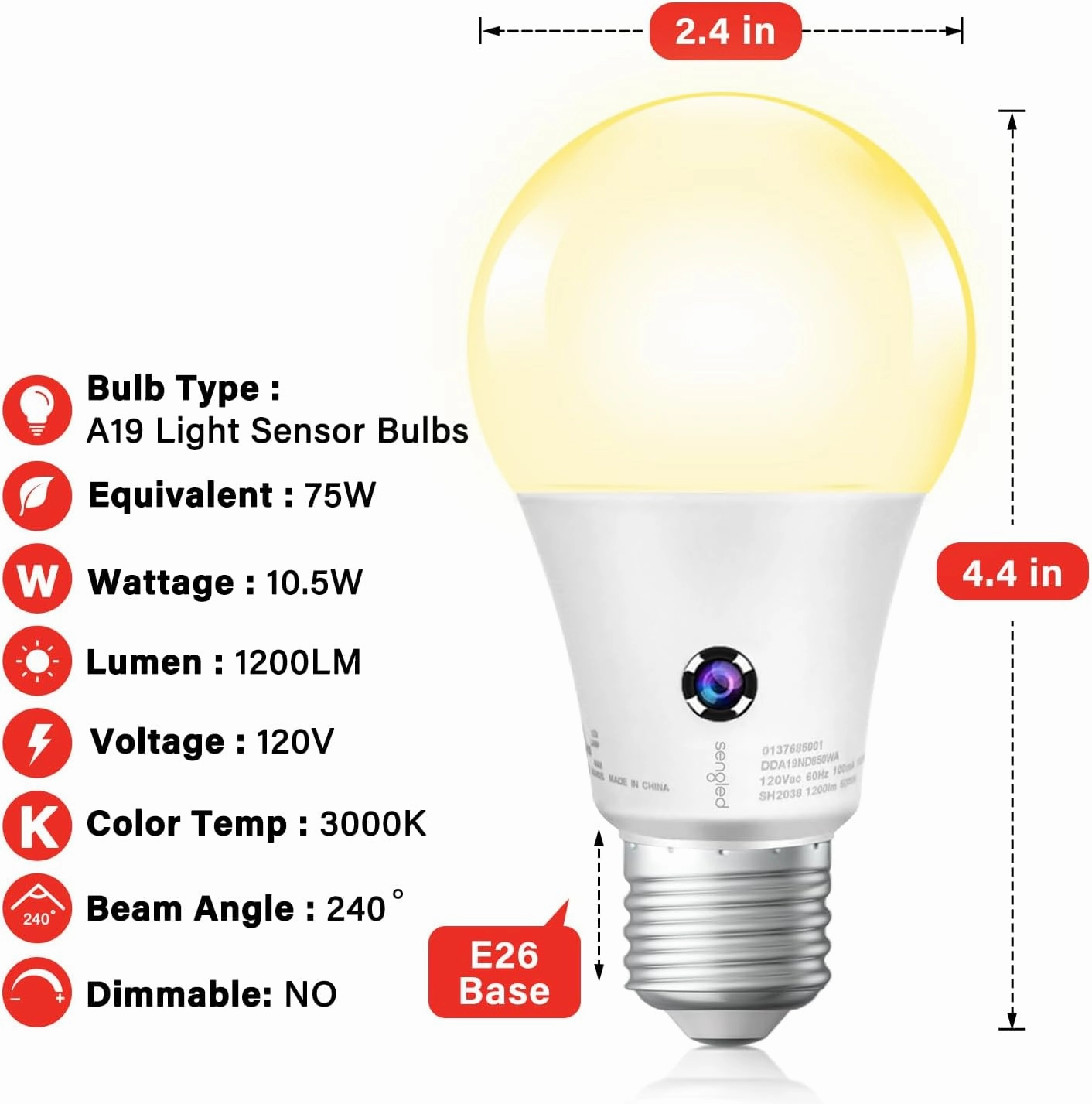 Sengled Dusk to Dawn Light Bulbs, Automatic Photocell Led Bulb for Outdoor Lighting, 3000K Soft White, A19 LED, 1200LM, Sensor Light Bulbs 10.5 Watt Equivalent, 6 Pack