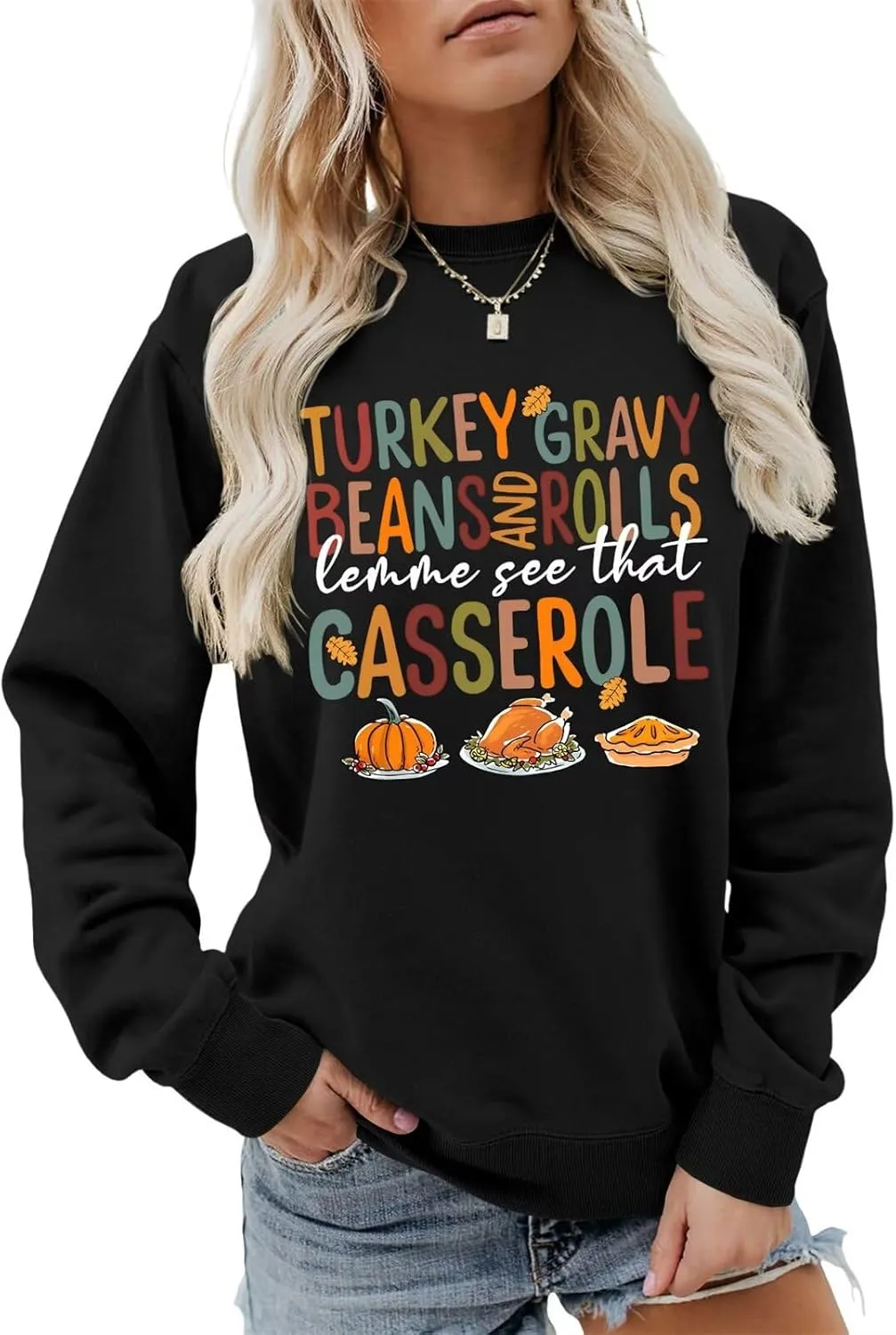 SHAGMTLI Thanksgiving Funny Sweatshirt for Women Cute Turkey Gravy Beans and Rolls Cute Retro Sweater, Funny Fall Top Trendy