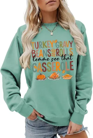 SHAGMTLI Thanksgiving Funny Sweatshirt for Women Cute Turkey Gravy Beans and Rolls Cute Retro Sweater, Funny Fall Top Trendy