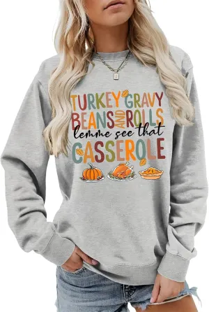 SHAGMTLI Thanksgiving Funny Sweatshirt for Women Cute Turkey Gravy Beans and Rolls Cute Retro Sweater, Funny Fall Top Trendy