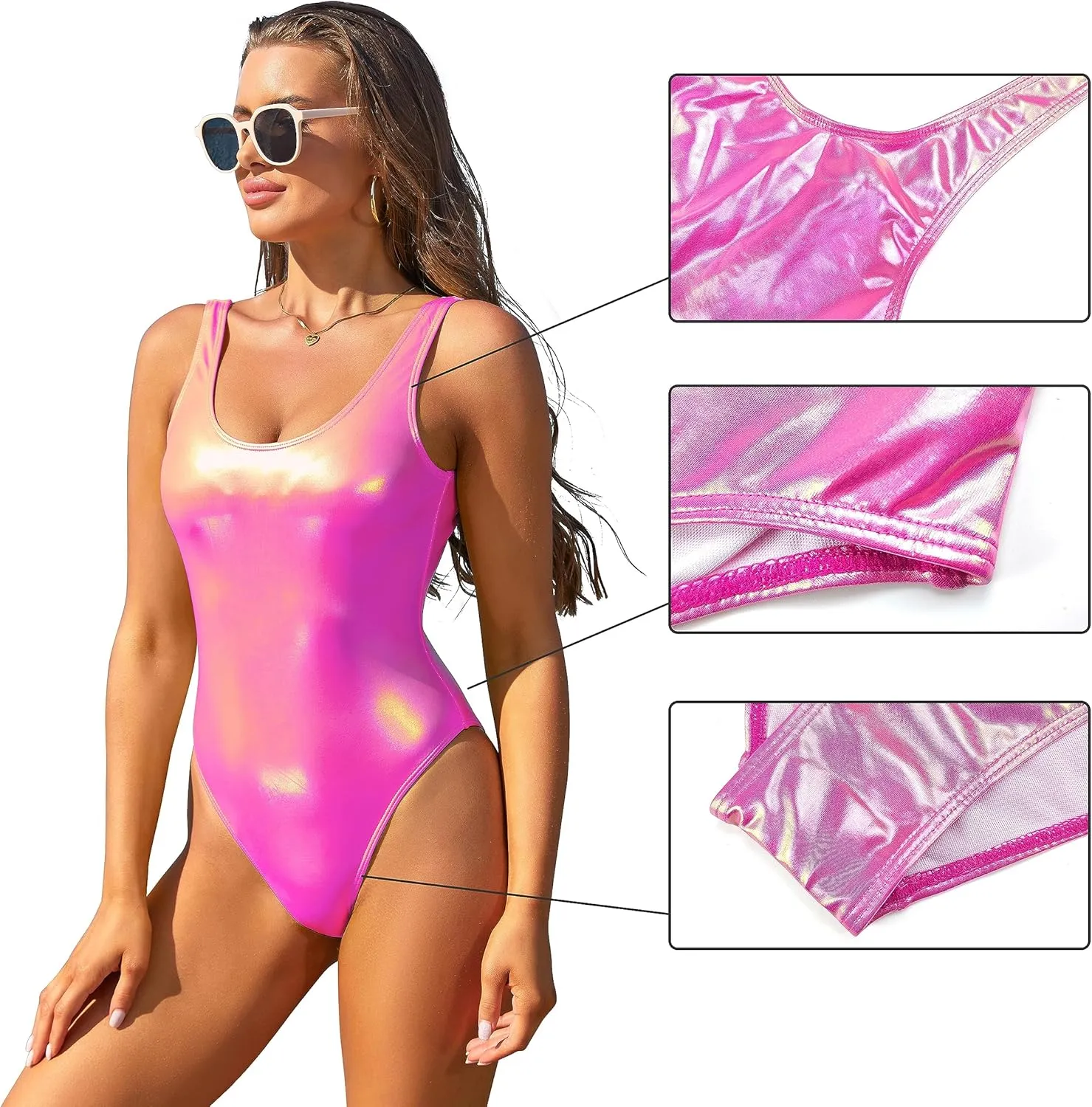 SHEKINI Women's Metallic Shiny Bathing Suit Scoop Neck Backless One Piece Swimsuits