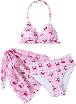 SHENHE Girl's 3 Piece Cute Halter Triangle Bikini Swimsuit with Beach Cover Up