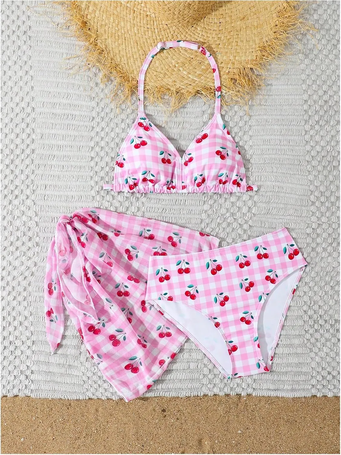 SHENHE Girl's 3 Piece Cute Halter Triangle Bikini Swimsuit with Beach Cover Up
