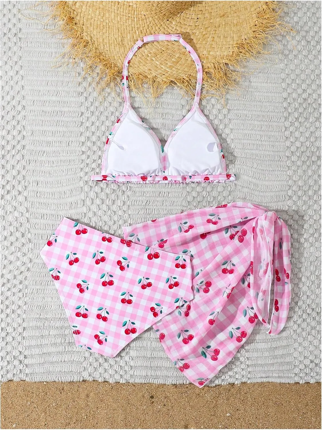 SHENHE Girl's 3 Piece Cute Halter Triangle Bikini Swimsuit with Beach Cover Up