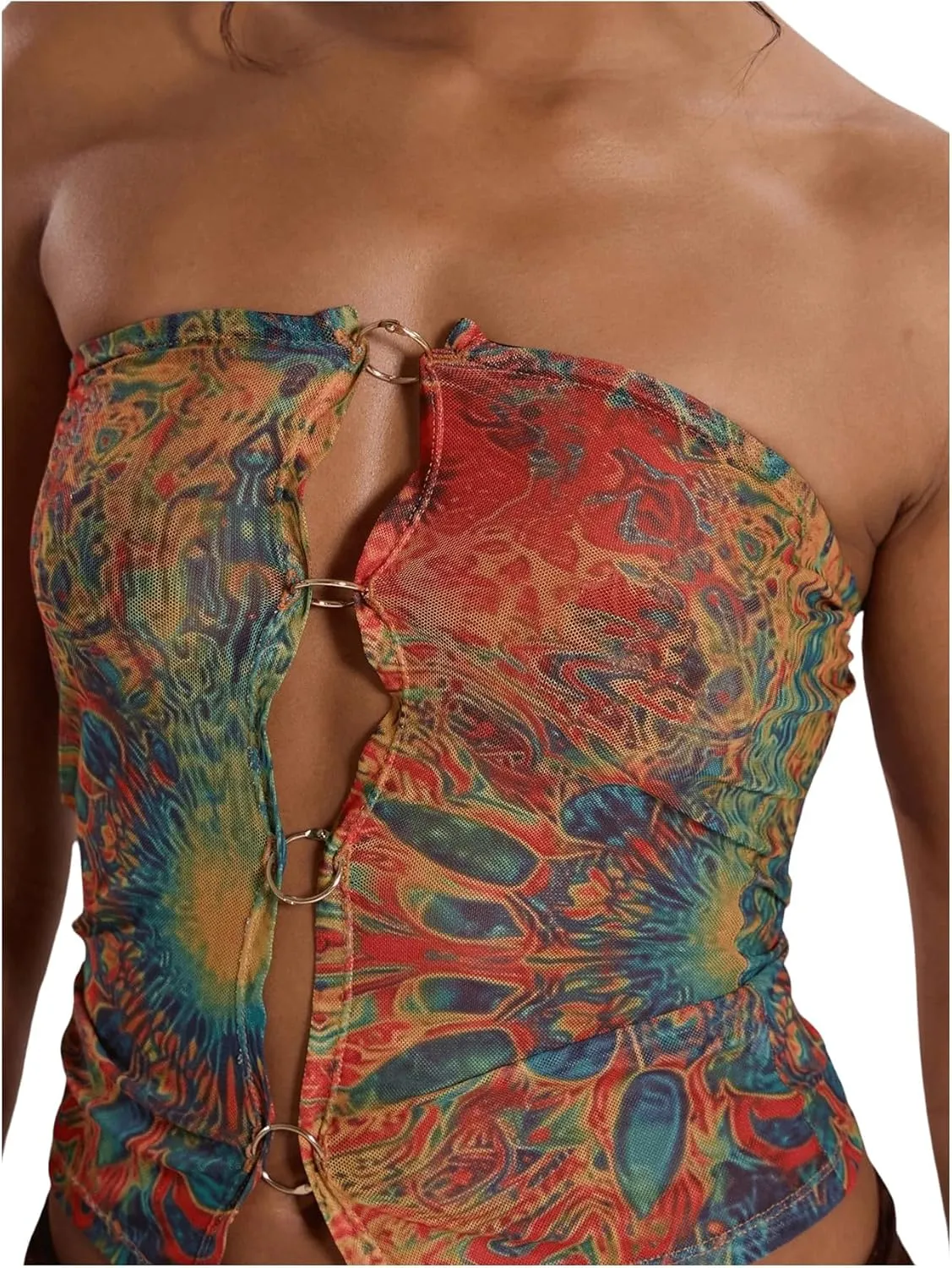 SHENHE Women's Sexy Mesh Top Sheer Colorful Strapless Psychedelic Ring Cropped Tube Top Rave Outfits