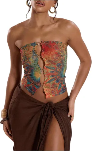 SHENHE Women's Sexy Mesh Top Sheer Colorful Strapless Psychedelic Ring Cropped Tube Top Rave Outfits
