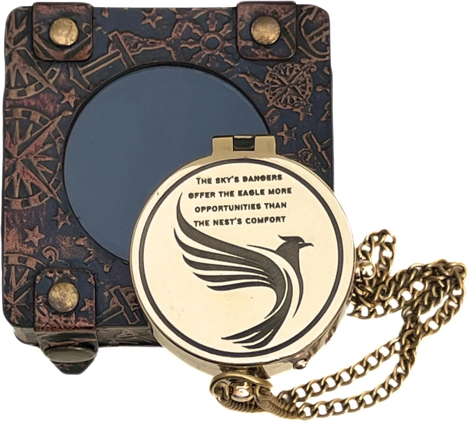 Shiny Brass Pocket Compass with Engraved Flying Eagle and Quotes Magnetic Navigation Tool for Camping Hiking Travel Collectible Decor Gift Piece