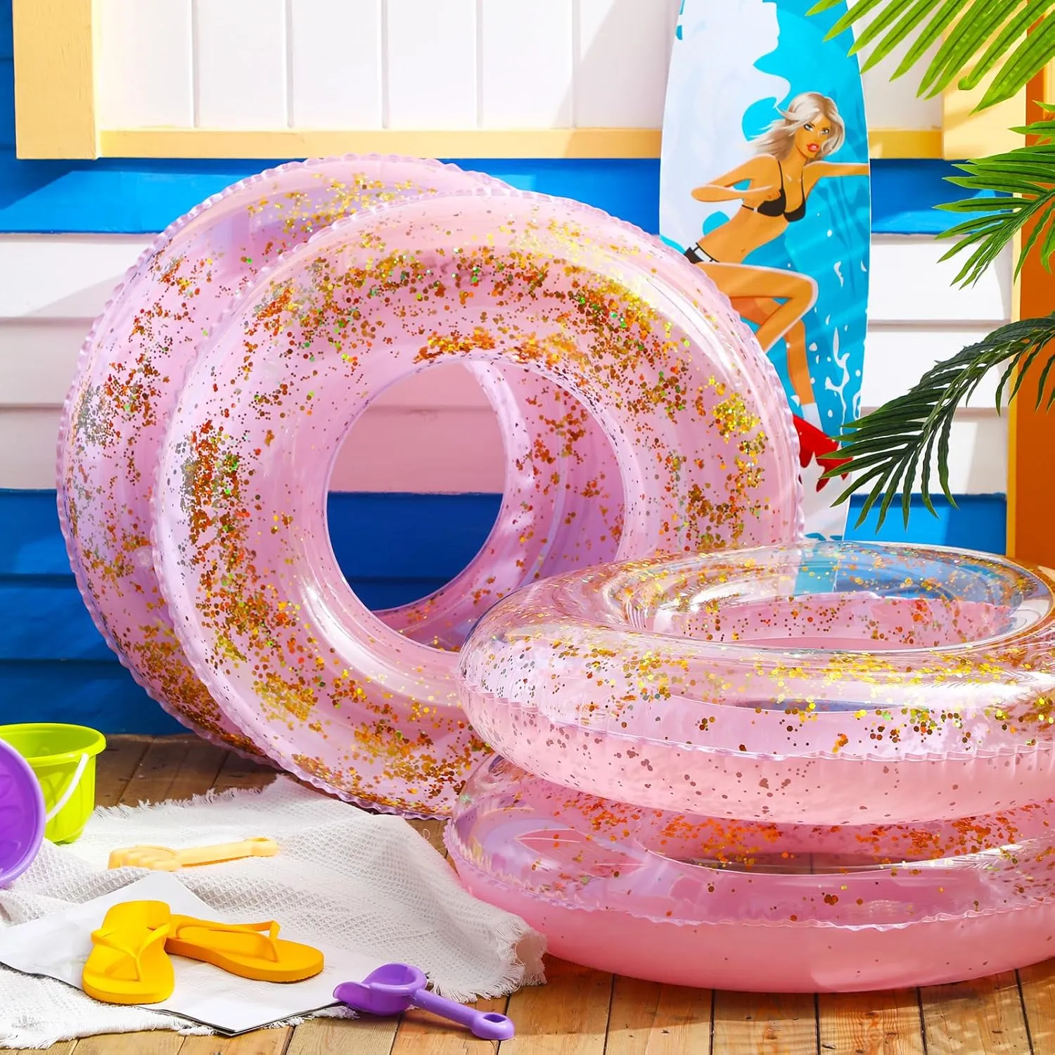 ShinyRelief 4 Pcs Inflatable Glitter Pool Float 30'' Macaron Swim Tube with Gold Confetti Swim Inner Tube for Adults Pool Floats Rings for Summer Beach Swimming Pool Bachelorette Party
