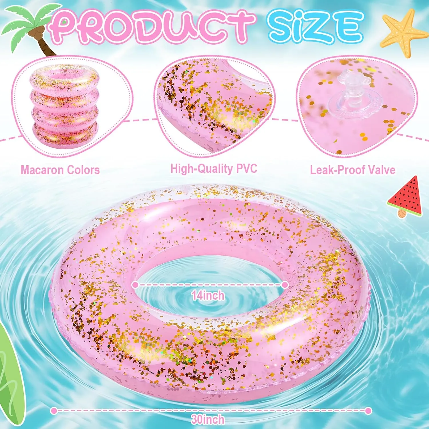 ShinyRelief 4 Pcs Inflatable Glitter Pool Float 30'' Macaron Swim Tube with Gold Confetti Swim Inner Tube for Adults Pool Floats Rings for Summer Beach Swimming Pool Bachelorette Party