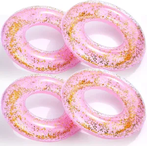 ShinyRelief 4 Pcs Inflatable Glitter Pool Float 30'' Macaron Swim Tube with Gold Confetti Swim Inner Tube for Adults Pool Floats Rings for Summer Beach Swimming Pool Bachelorette Party