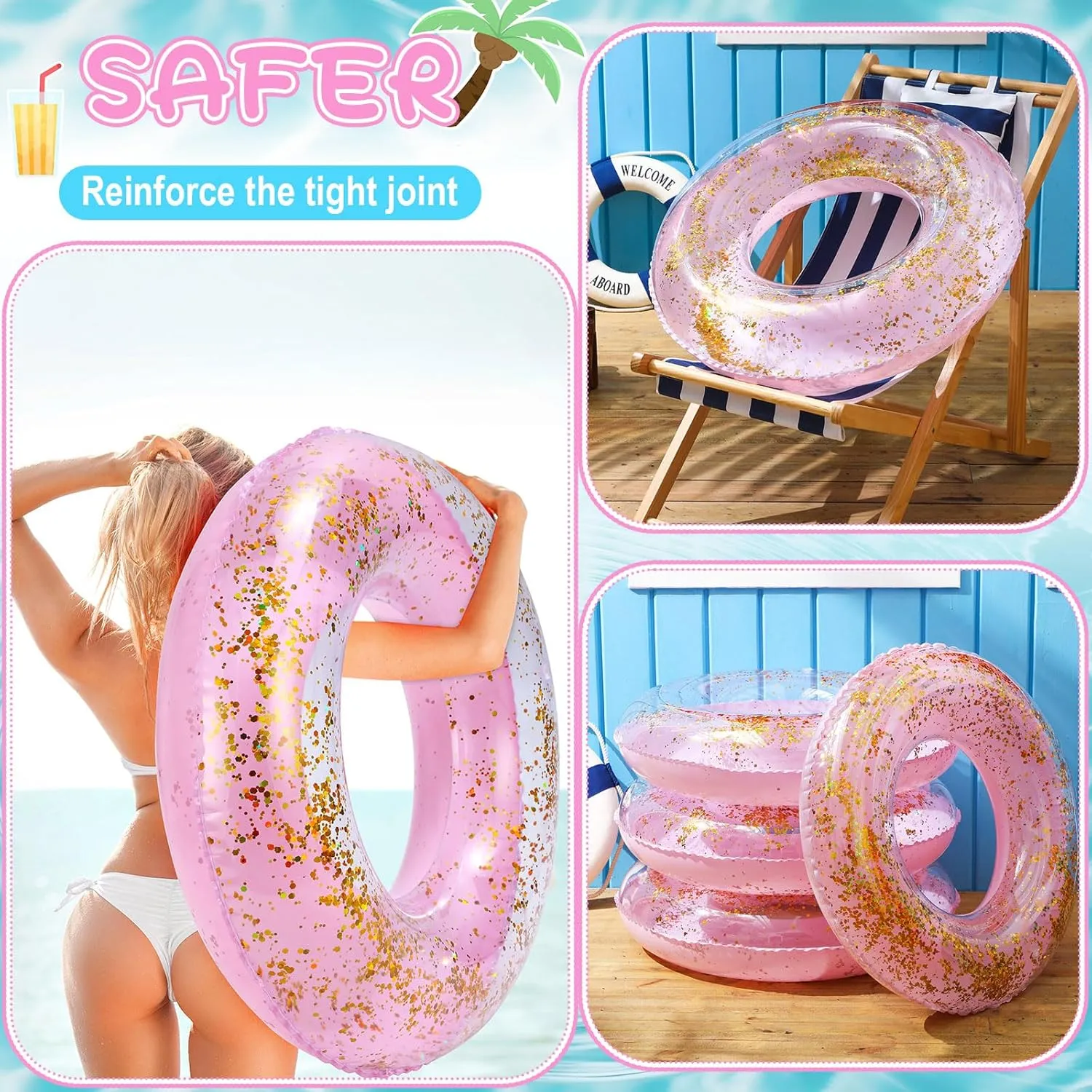 ShinyRelief 4 Pcs Inflatable Glitter Pool Float 30'' Macaron Swim Tube with Gold Confetti Swim Inner Tube for Adults Pool Floats Rings for Summer Beach Swimming Pool Bachelorette Party