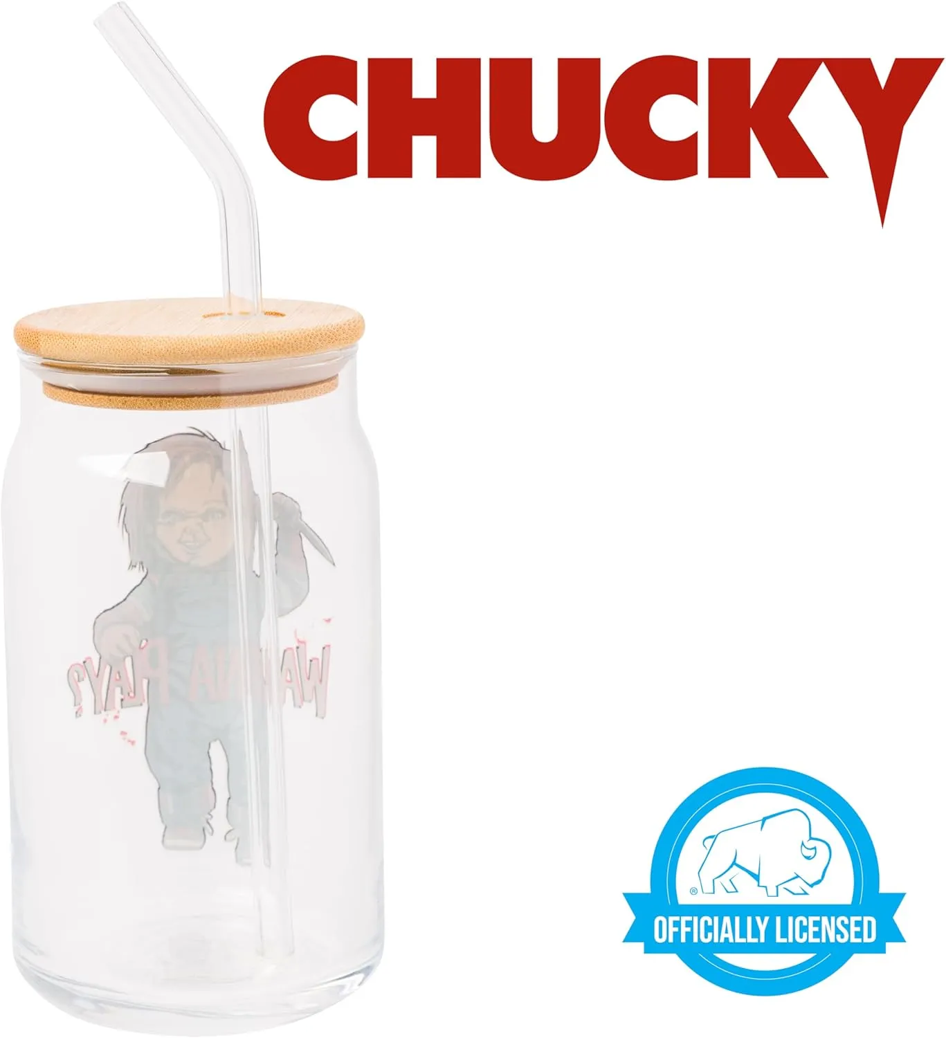 Silver Buffalo Chucky Wanna Play Scary Glass Jar Tumbler with Bamboo Lid and Glass Straw, 16 Ounces