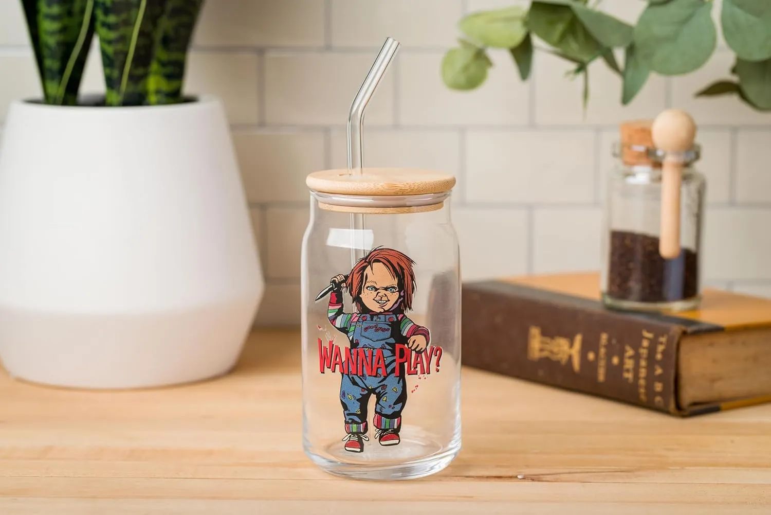 Silver Buffalo Chucky Wanna Play Scary Glass Jar Tumbler with Bamboo Lid and Glass Straw, 16 Ounces