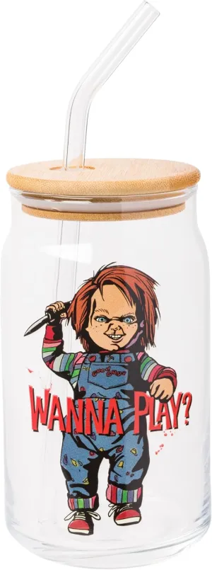Silver Buffalo Chucky Wanna Play Scary Glass Jar Tumbler with Bamboo Lid and Glass Straw, 16 Ounces