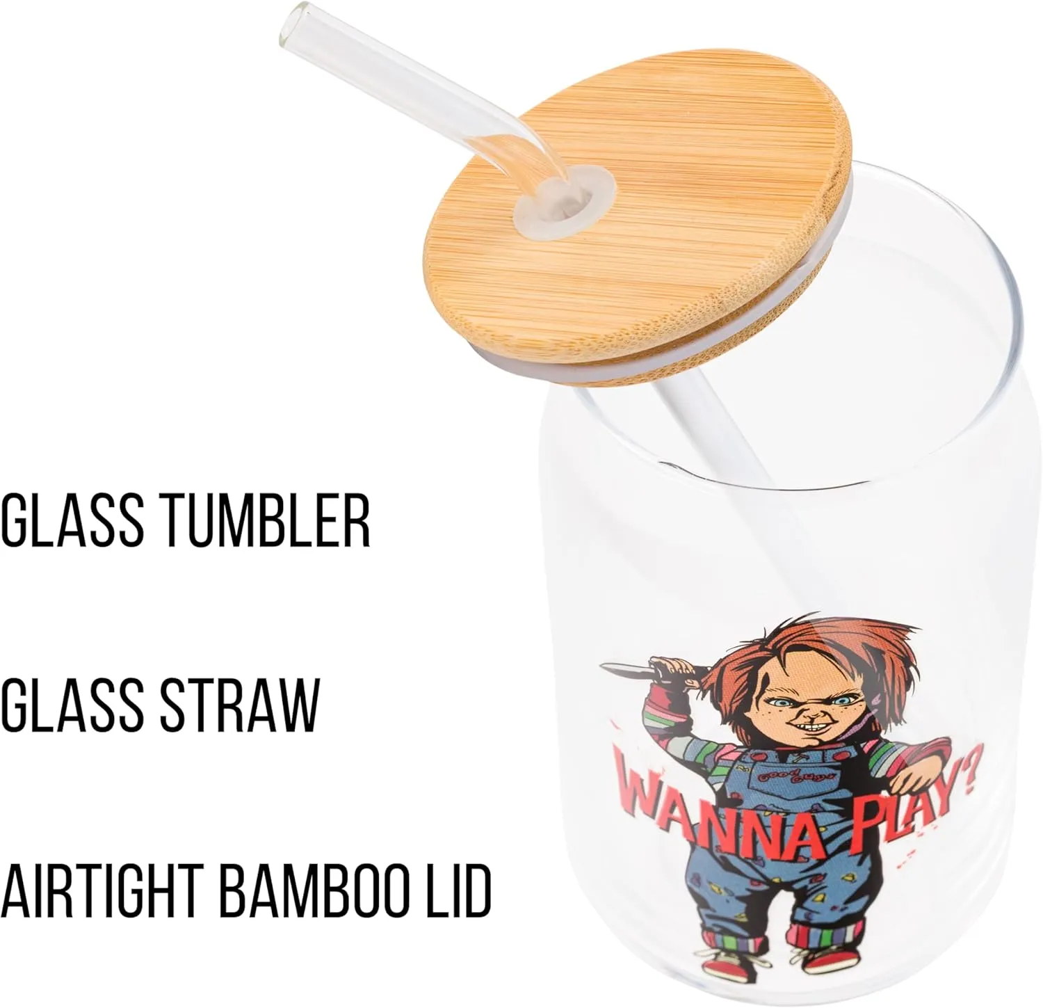 Silver Buffalo Chucky Wanna Play Scary Glass Jar Tumbler with Bamboo Lid and Glass Straw, 16 Ounces