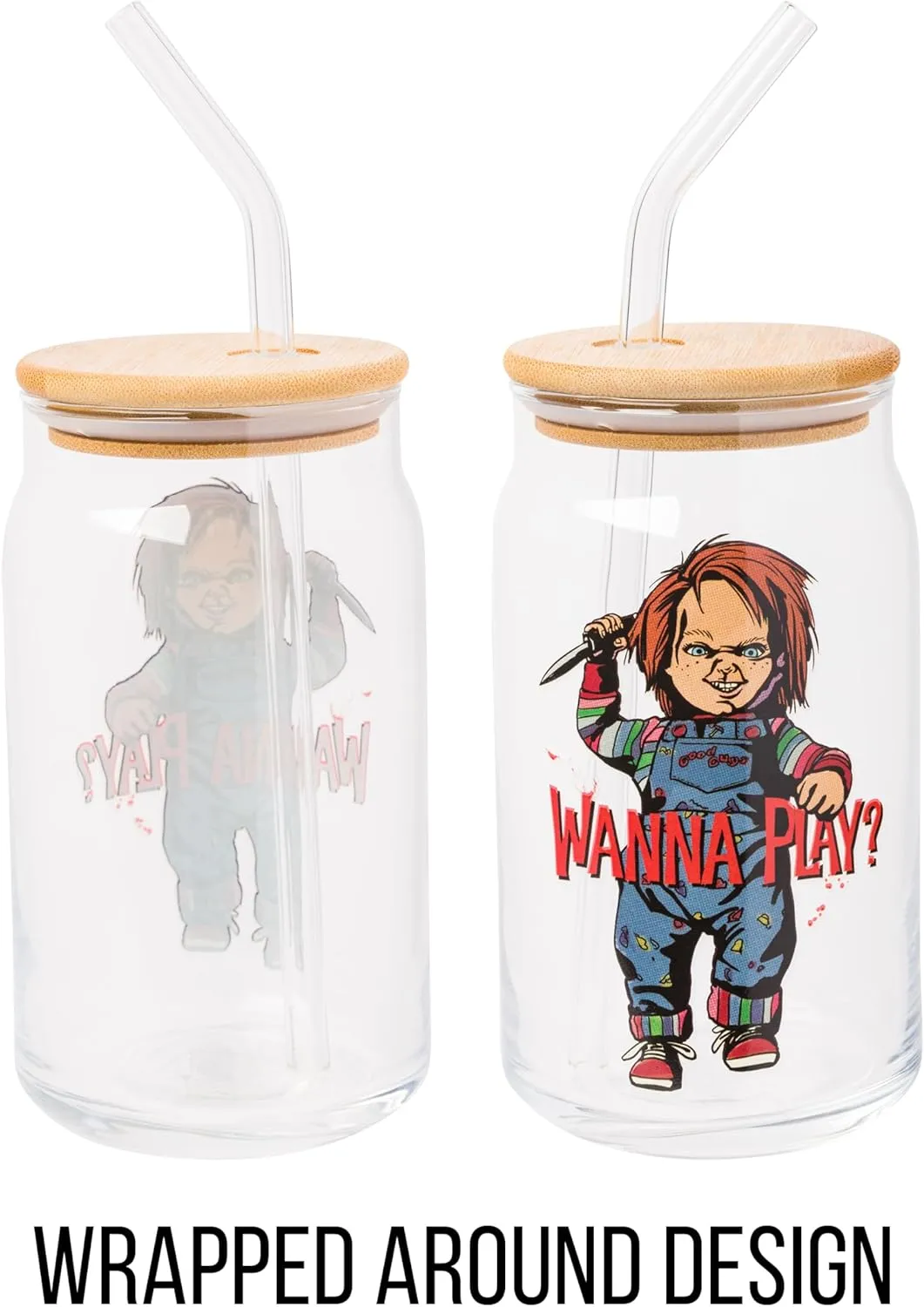 Silver Buffalo Chucky Wanna Play Scary Glass Jar Tumbler with Bamboo Lid and Glass Straw, 16 Ounces