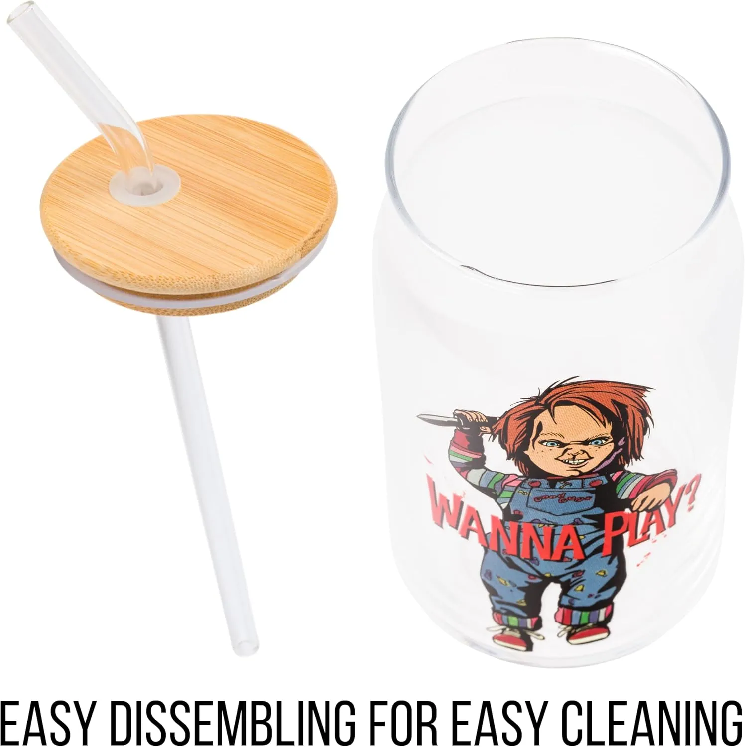 Silver Buffalo Chucky Wanna Play Scary Glass Jar Tumbler with Bamboo Lid and Glass Straw, 16 Ounces