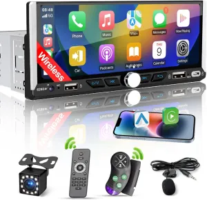 Single Din Car Radio Compatible with Wireless Apple CarPlay, Car Stereo with 6.9'' IPS Touchscreen,Bluetooth,FM AM Radio,GPS Navigation,Type-C/Dual USB 2.1A Fast Charge/Rear View Camera,MP5