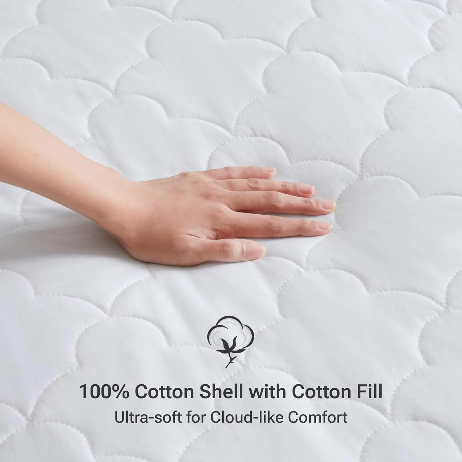 Sleep Philosophy Queen Mattress Pad, Cotton Mattress Protector Classic Cloud Quilted Bed Cover, All Natural Breathable Mattress Topper Fitted Pocket Fits Up to 16", Machine Washable, White