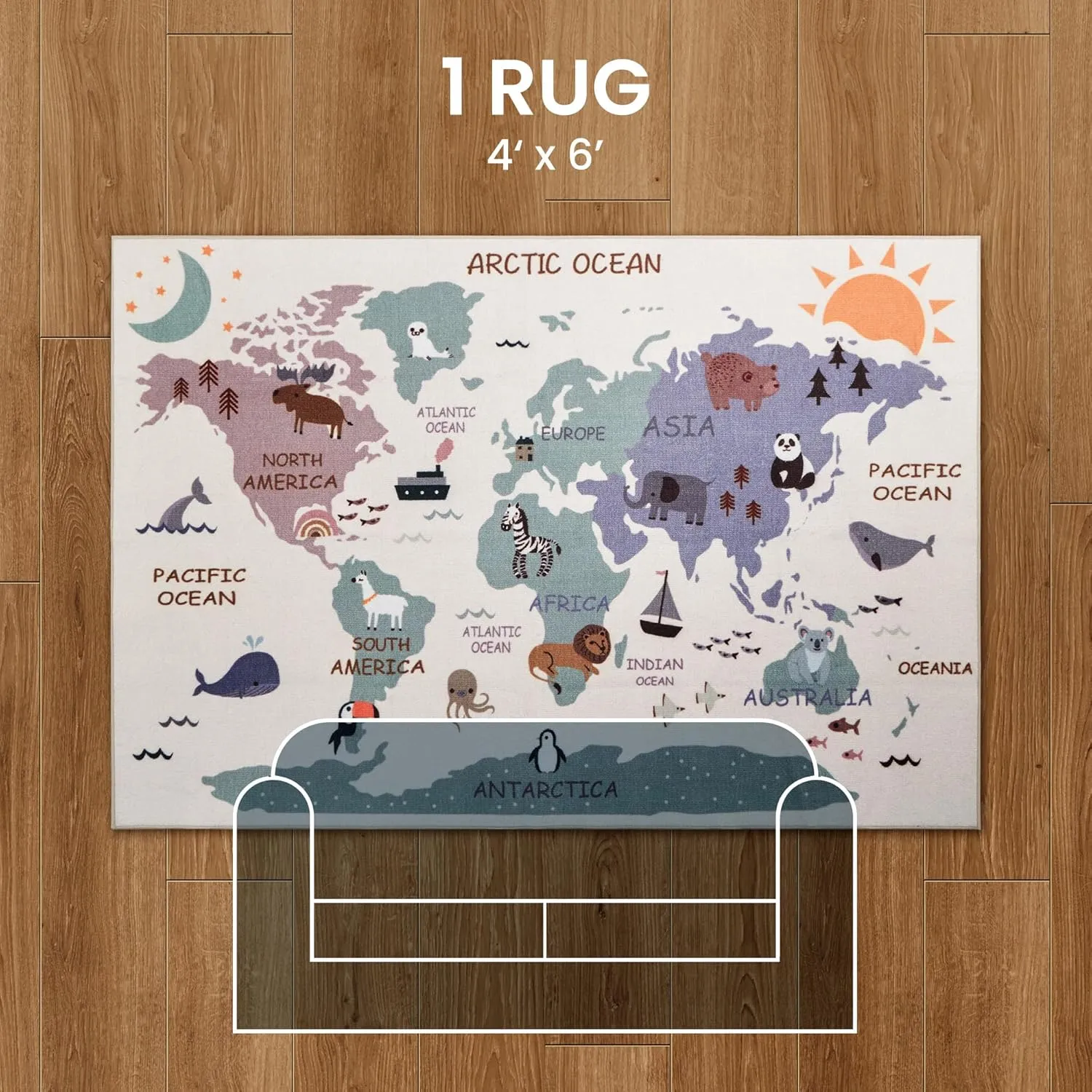 SLEEP ZONE Kids Rugs for Playroom, Animal Rug for Boys and Girls Bedroom, Washable Nursery Carpet, Non Slip Rug Play Mat for Learning Geography, Sea Ocean Land, 4X6 Feet