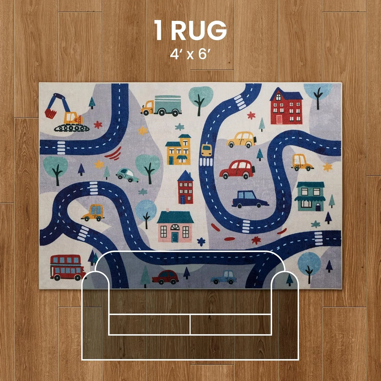 SLEEP ZONE Kids Rugs for Playroom, Area Rugs for Bedroom Girls and Boys, Washable Nursery Rug Carpet, Non Slip Rug Play Mat for Playing with Cars, City View, 4X6 Feet