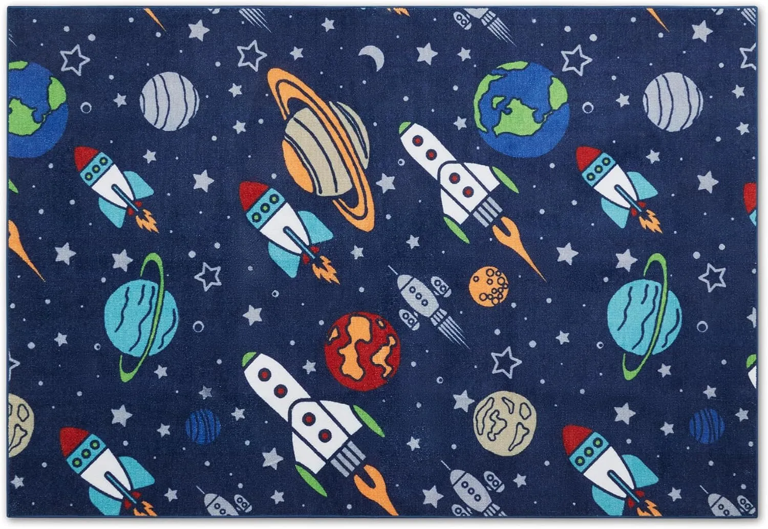 SLEEP ZONE Kids Rugs for Playroom, Area Rugs for Boys Bedroom, Washable Nursery Carpet, Non Slip Rug Play Mat, Space Rocket Planet, 4X6 Feet