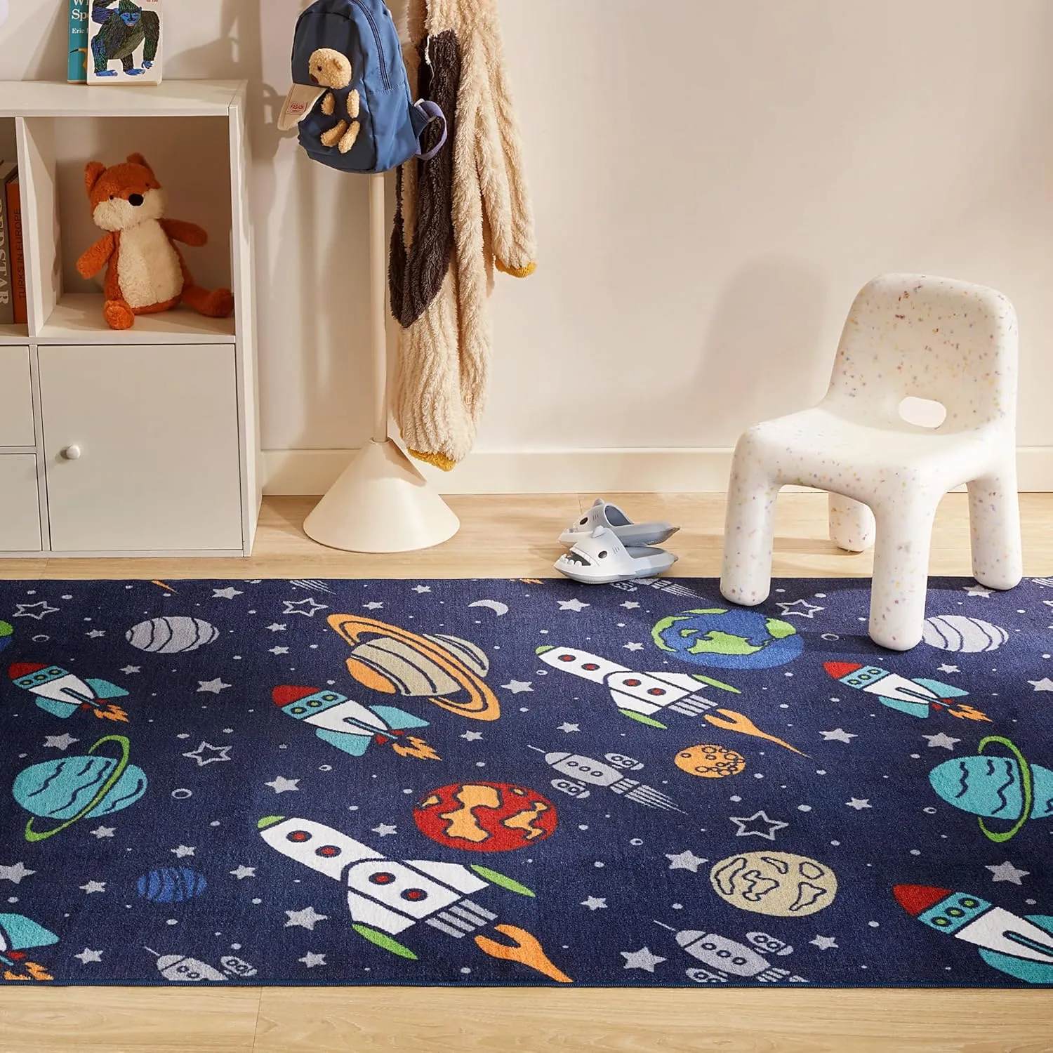 SLEEP ZONE Kids Rugs for Playroom, Area Rugs for Boys Bedroom, Washable Nursery Carpet, Non Slip Rug Play Mat, Space Rocket Planet, 4X6 Feet
