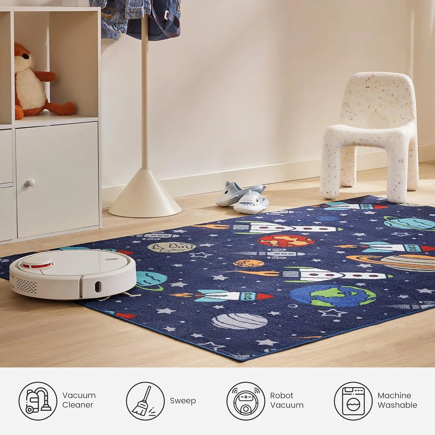 SLEEP ZONE Kids Rugs for Playroom, Area Rugs for Boys Bedroom, Washable Nursery Carpet, Non Slip Rug Play Mat, Space Rocket Planet, 4X6 Feet