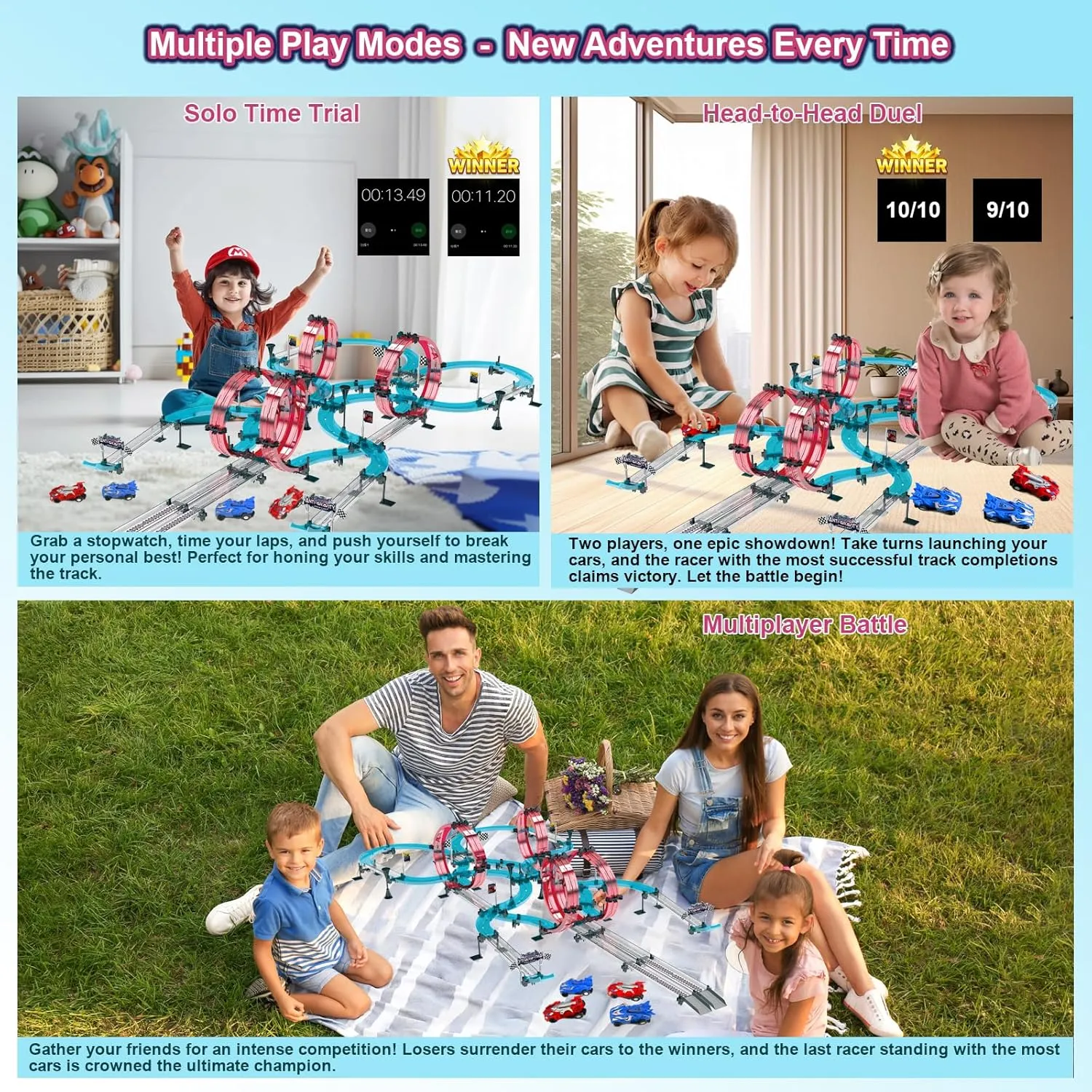 Slot Car Race Track Set Dual-Player with 4 Super Pull-Back Racing Cars, 360°Loops, Turns and Crossover High-Speed Racing Game Circular Overpass Track Gifts Birthday Toys for Boys Kids Age 6 7 8-12