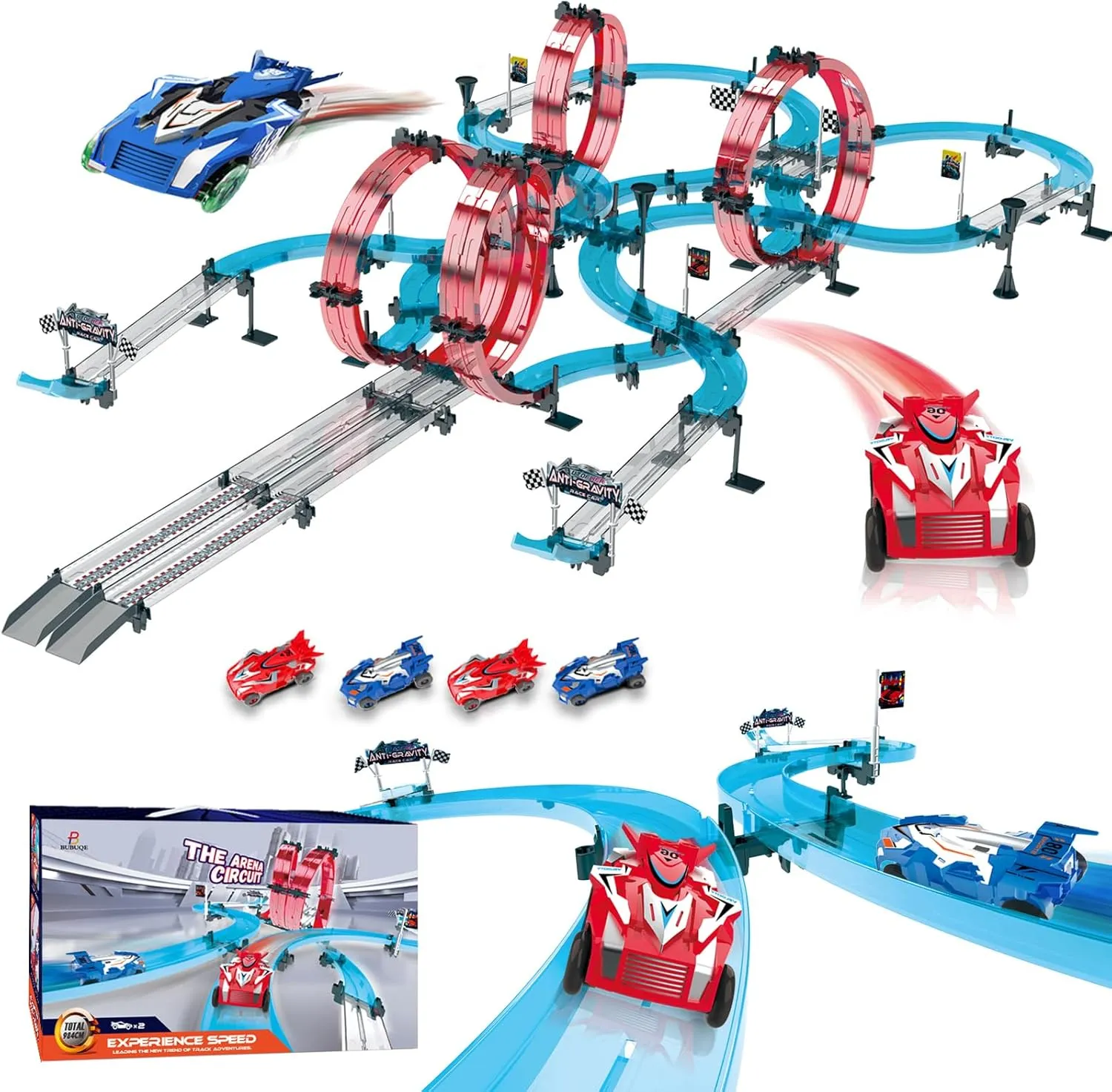Slot Car Race Track Set Dual-Player with 4 Super Pull-Back Racing Cars, 360°Loops, Turns and Crossover High-Speed Racing Game Circular Overpass Track Gifts Birthday Toys for Boys Kids Age 6 7 8-12