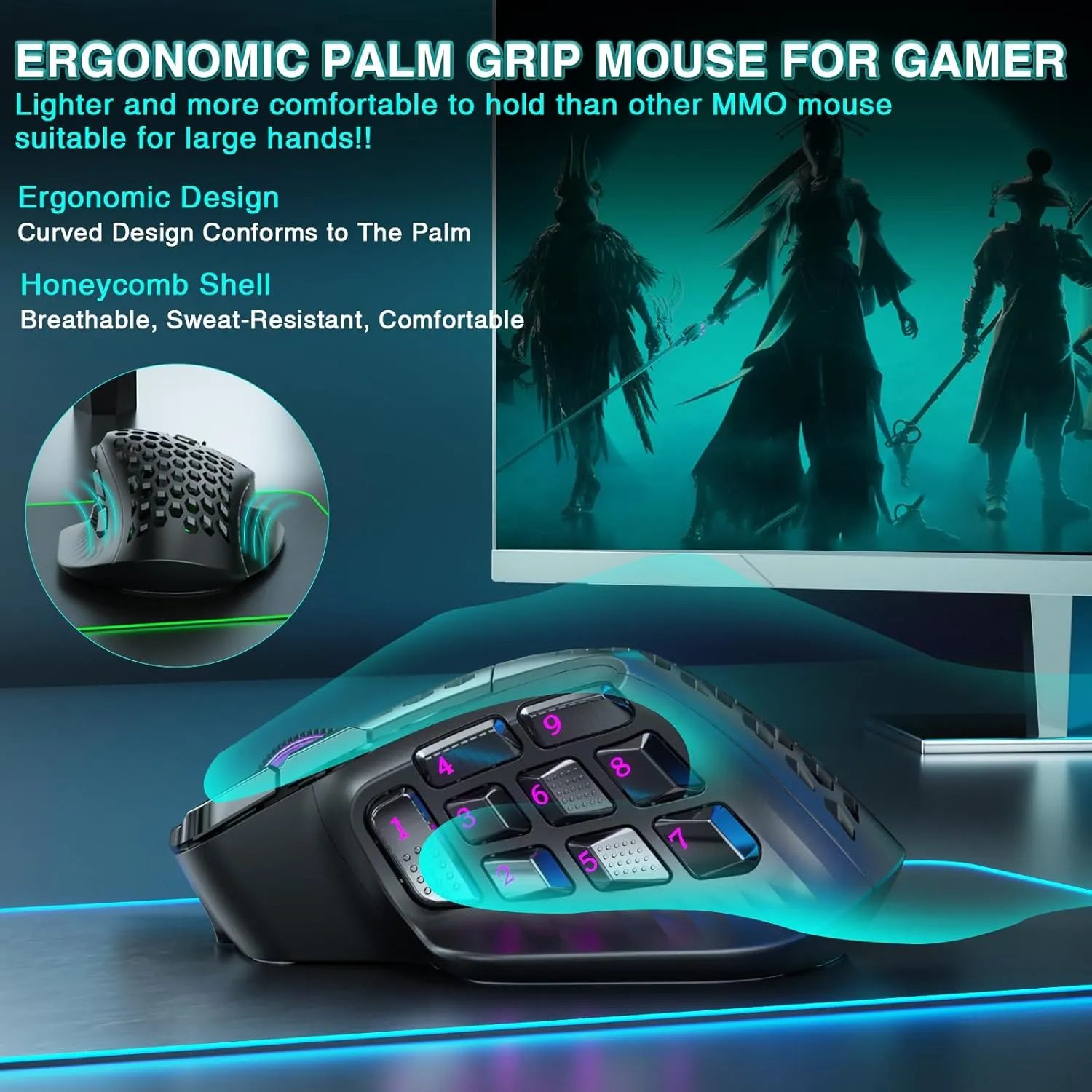 SM809 Pro Wireless MMO Gaming Mouse with 9 Side Buttons,24000 DPI,Triple Connectivity (2.4G/BT5.0/Wired) RGB MMO Mouse for Gamer,16 Programmable Macros,Up to 350H Battery Life,Black
