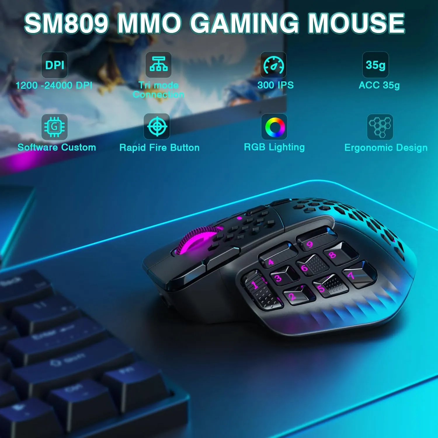 SM809 Pro Wireless MMO Gaming Mouse with 9 Side Buttons,24000 DPI,Triple Connectivity (2.4G/BT5.0/Wired) RGB MMO Mouse for Gamer,16 Programmable Macros,Up to 350H Battery Life,Black
