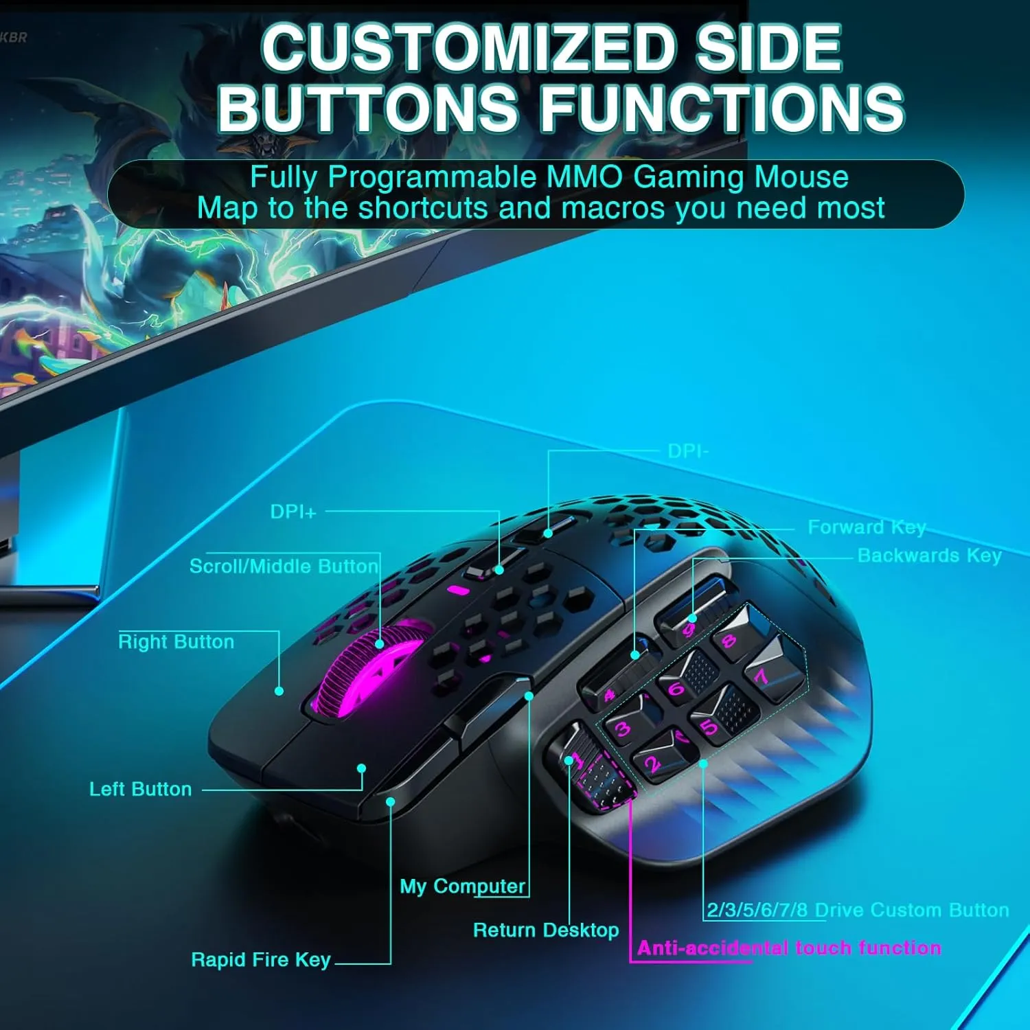 SM809 Pro Wireless MMO Gaming Mouse with 9 Side Buttons,24000 DPI,Triple Connectivity (2.4G/BT5.0/Wired) RGB MMO Mouse for Gamer,16 Programmable Macros,Up to 350H Battery Life,Black
