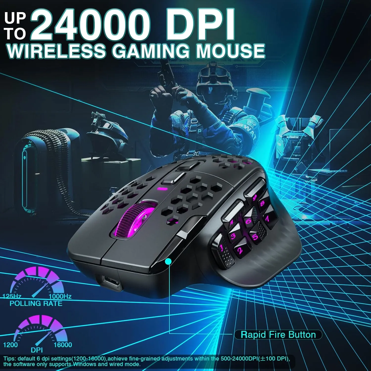 SM809 Pro Wireless MMO Gaming Mouse with 9 Side Buttons,24000 DPI,Triple Connectivity (2.4G/BT5.0/Wired) RGB MMO Mouse for Gamer,16 Programmable Macros,Up to 350H Battery Life,Black