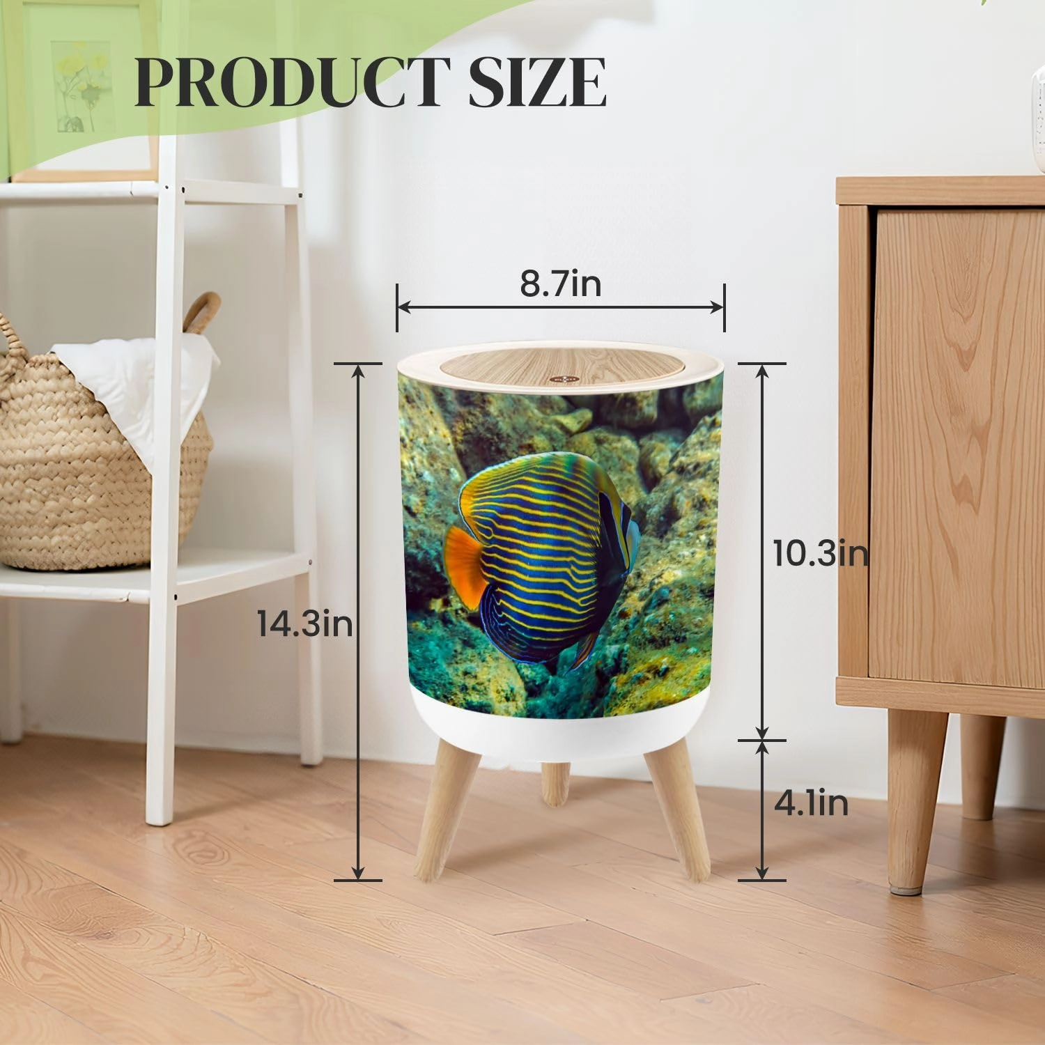 Small Trash Can with Lid Colorful Fish Pomacanthus Imperator inhabits Round Press Top Garbage Can with Legs Trash Bin Waste Basket for Kitchen Bedroom Bathroom 7L/1.8 Gallon