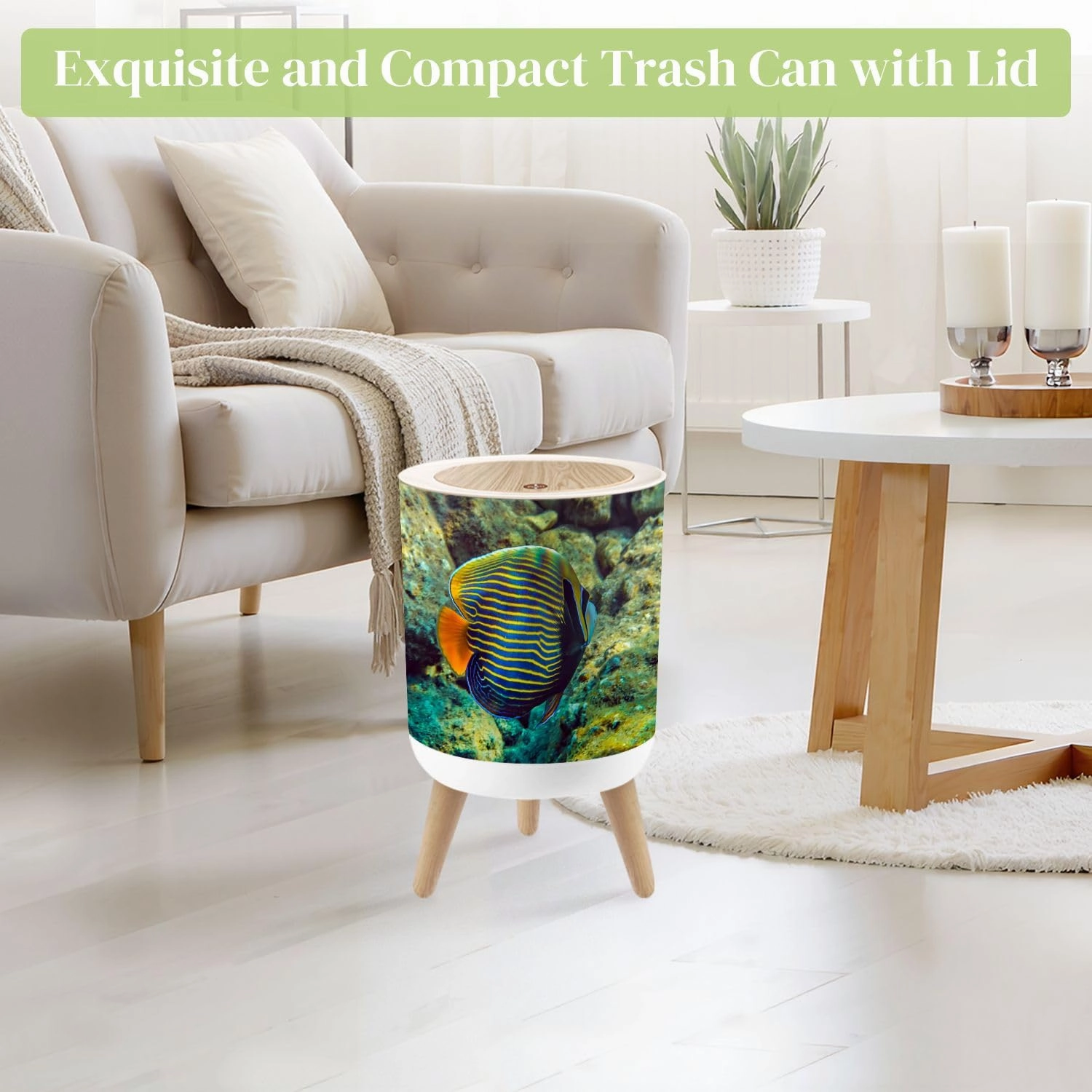 Small Trash Can with Lid Colorful Fish Pomacanthus Imperator inhabits Round Press Top Garbage Can with Legs Trash Bin Waste Basket for Kitchen Bedroom Bathroom 7L/1.8 Gallon