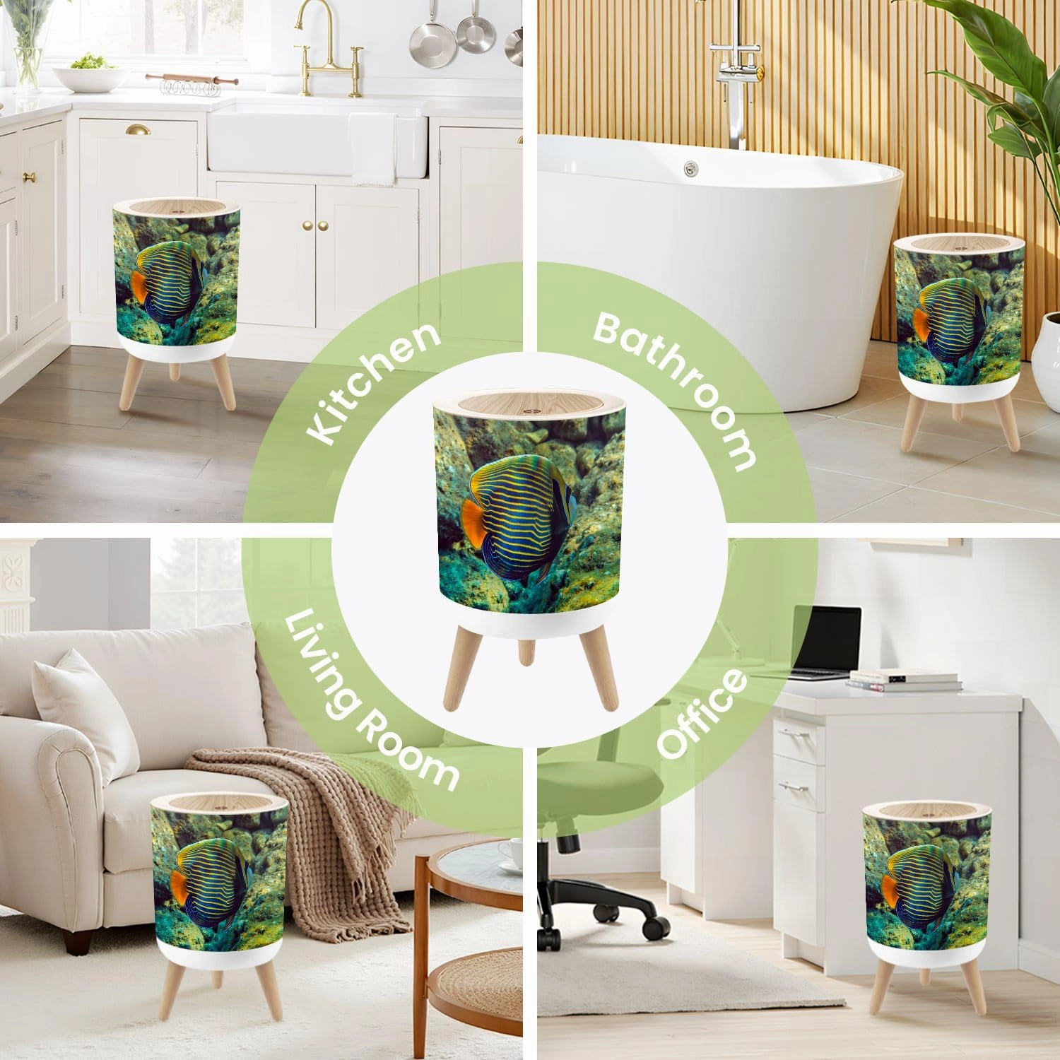Small Trash Can with Lid Colorful Fish Pomacanthus Imperator inhabits Round Press Top Garbage Can with Legs Trash Bin Waste Basket for Kitchen Bedroom Bathroom 7L/1.8 Gallon