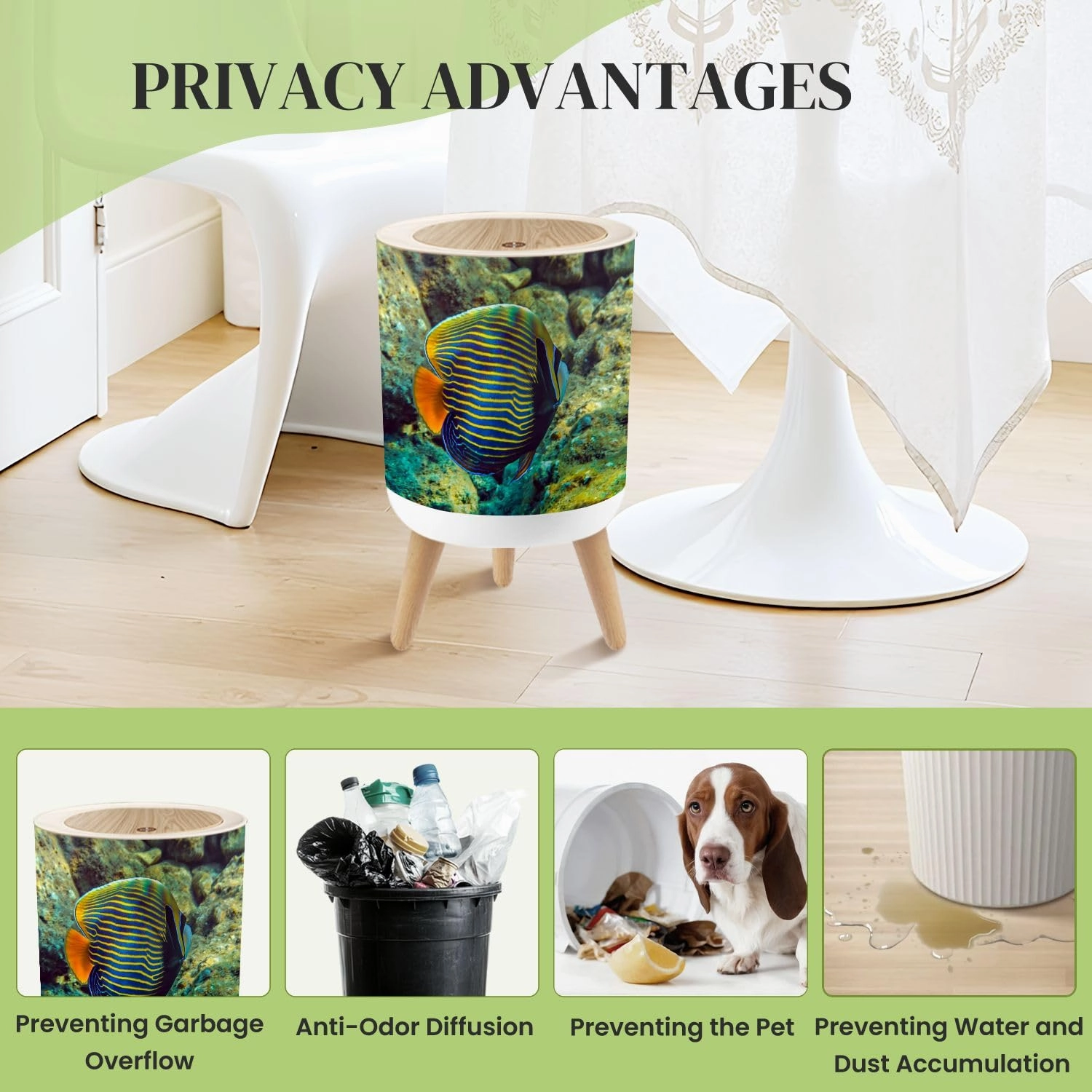 Small Trash Can with Lid Colorful Fish Pomacanthus Imperator inhabits Round Press Top Garbage Can with Legs Trash Bin Waste Basket for Kitchen Bedroom Bathroom 7L/1.8 Gallon