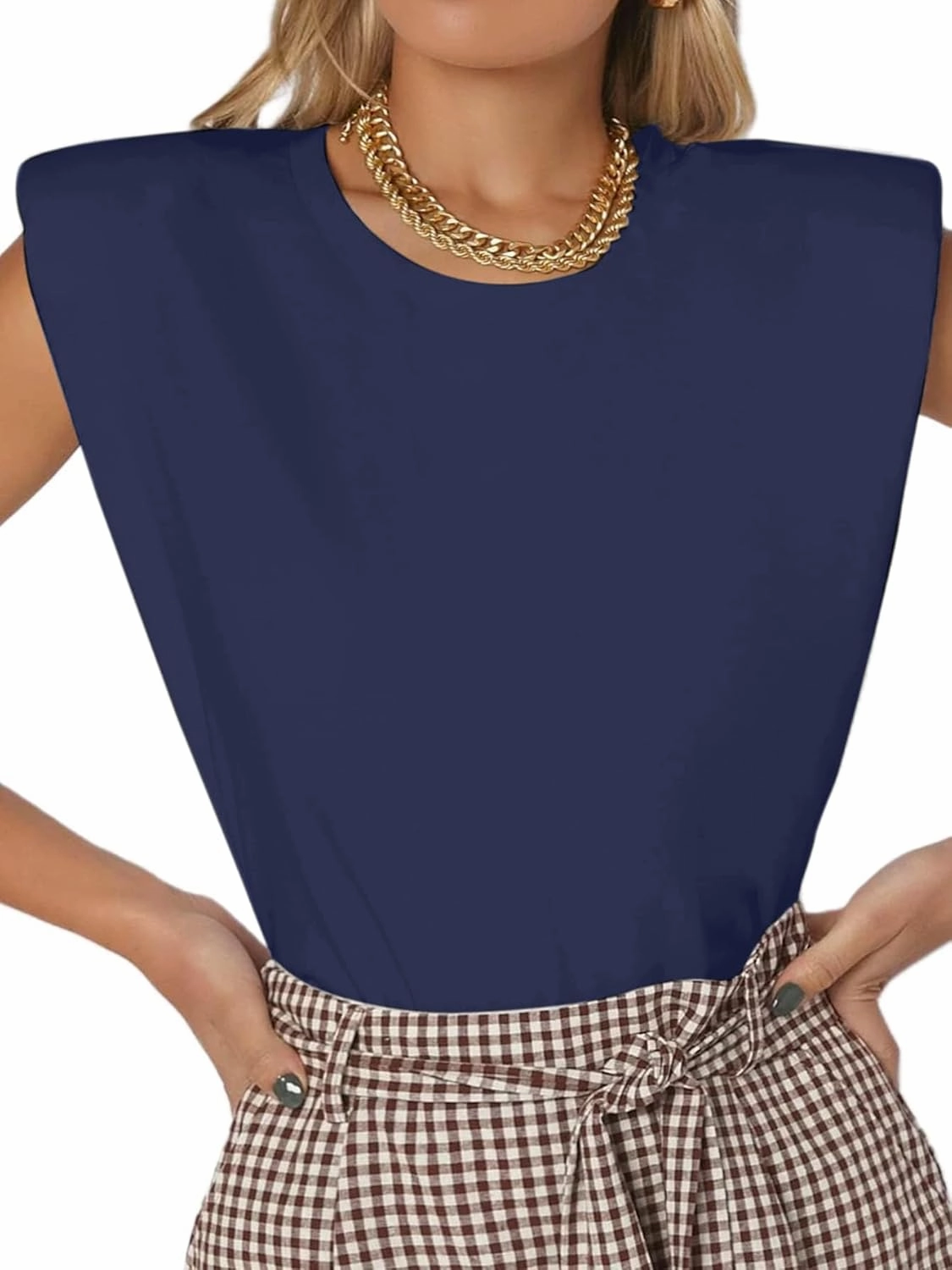 SOFIA'S CHOICE Women's Shoulder Pad Tops Summer Casual Tank Top Round Neck Loose Sleeveless Shirt