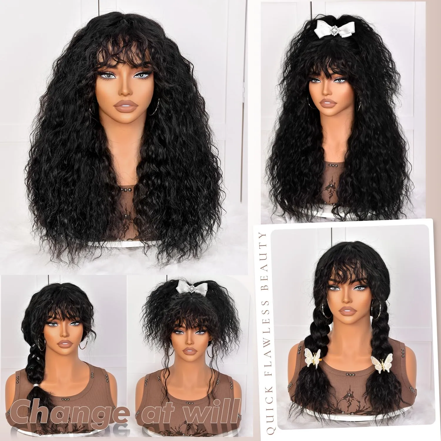 SOFUN Black Curly Wig With Bangs for Black Women Long Curly Human Hair Black Glueless Wig for Daily,Realistic Look with True Scalp