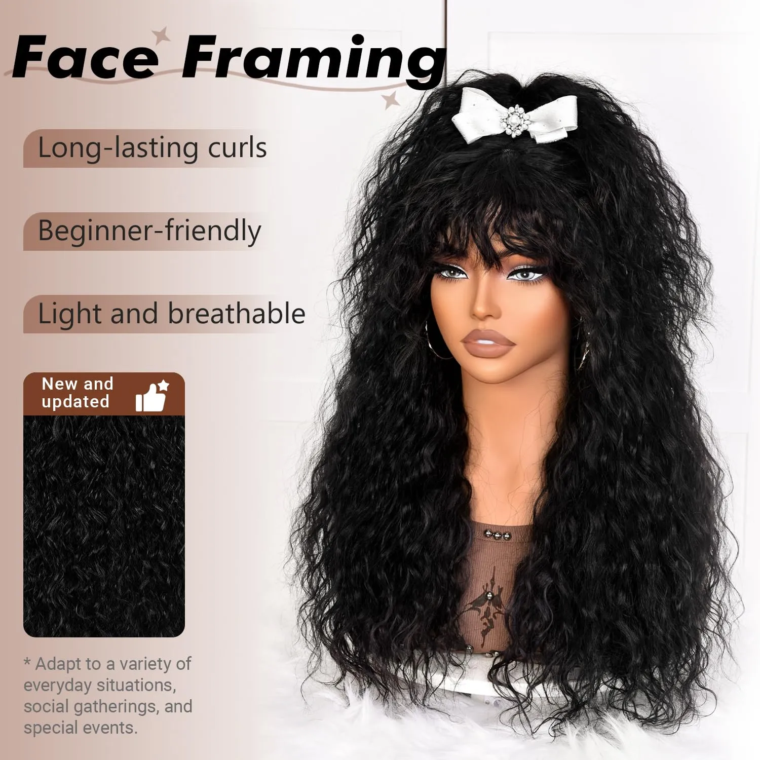 SOFUN Black Curly Wig With Bangs for Black Women Long Curly Human Hair Black Glueless Wig for Daily,Realistic Look with True Scalp