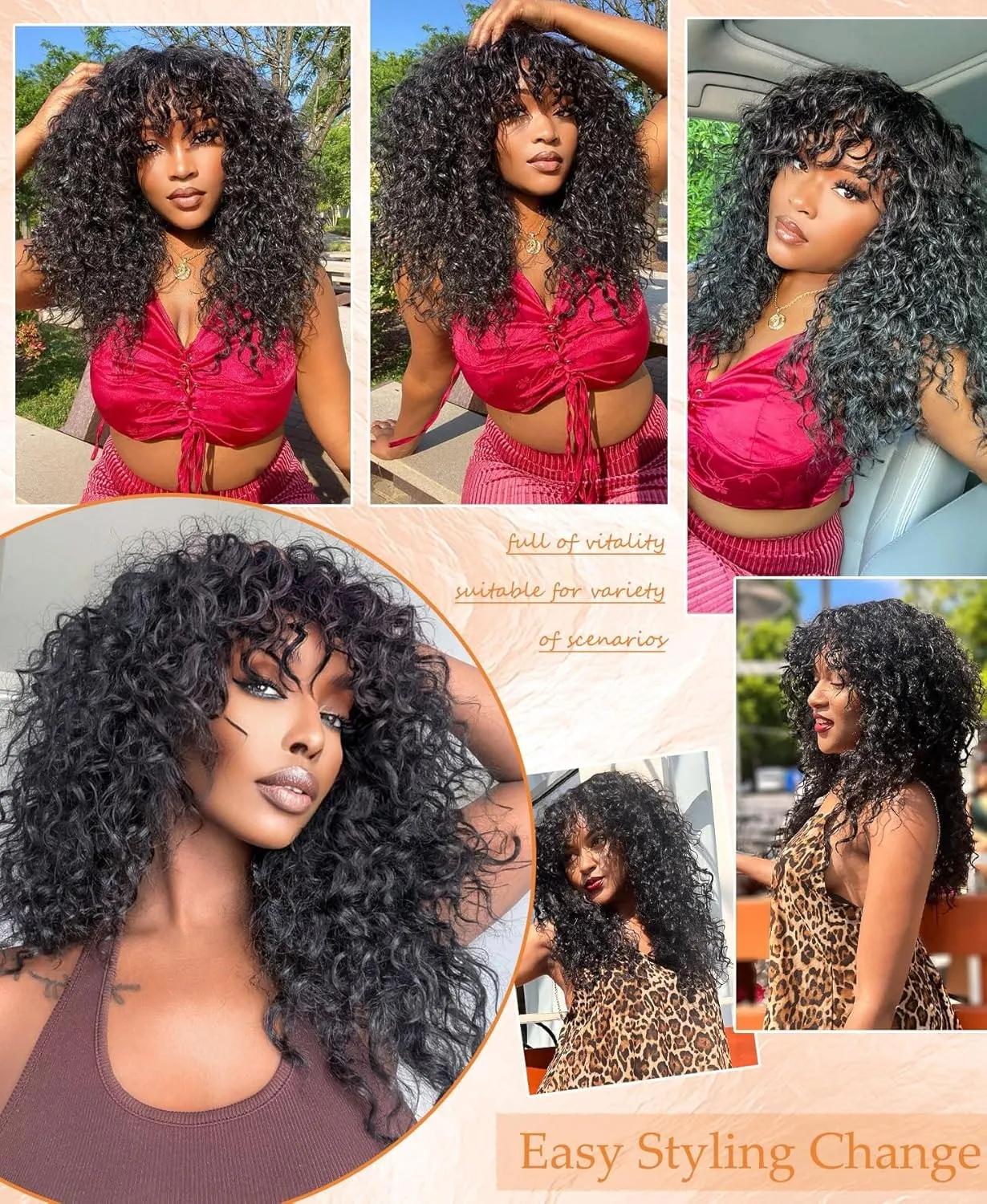 SOFUN Black Curly Wig With Bangs for Black Women Long Curly Human Hair Black Glueless Wig for Daily,Realistic Look with True Scalp