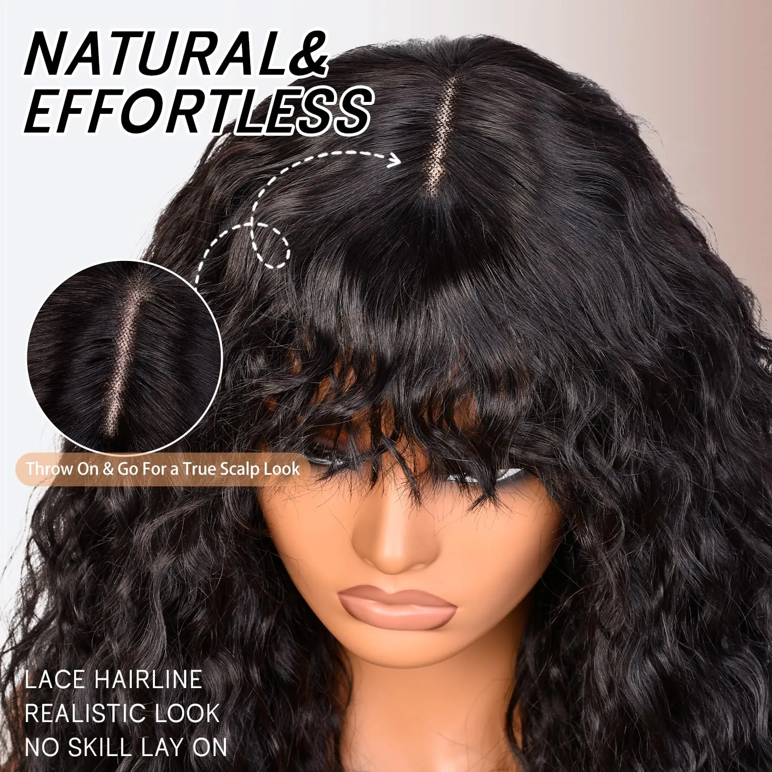 SOFUN Black Curly Wig With Bangs for Black Women Long Curly Human Hair Black Glueless Wig for Daily,Realistic Look with True Scalp