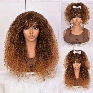SOFUN Ombre Brown Curly Wig With Bangs for Black Women Long Curly Human Hair Glueless Wig for Daily,Realistic Look with True Scalp